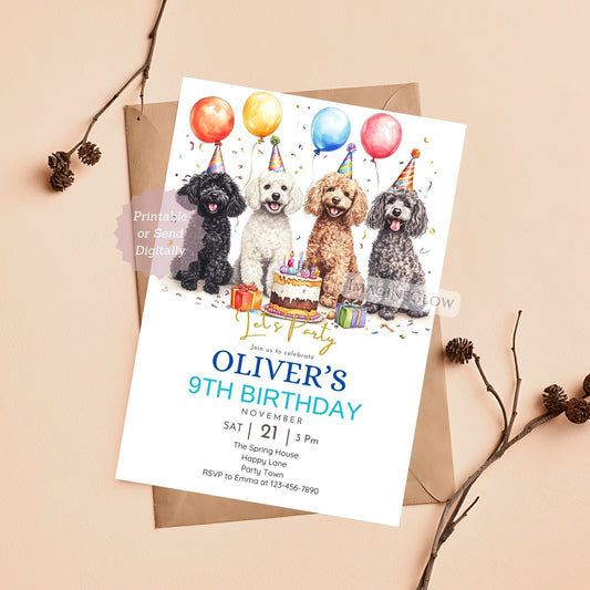 Editable four Poodle dog birthday invitation