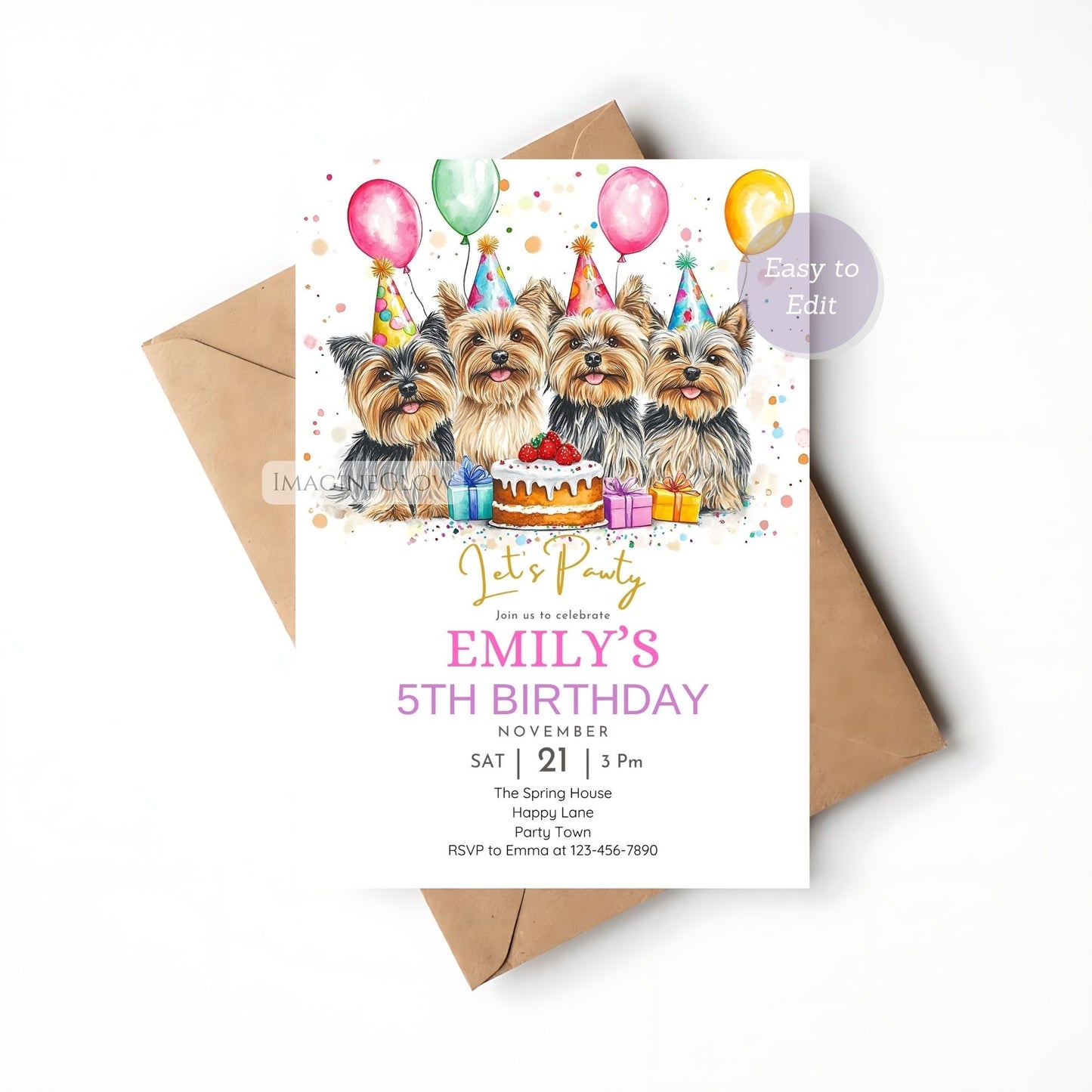 Printable four Yorkie dogs birthday party invite