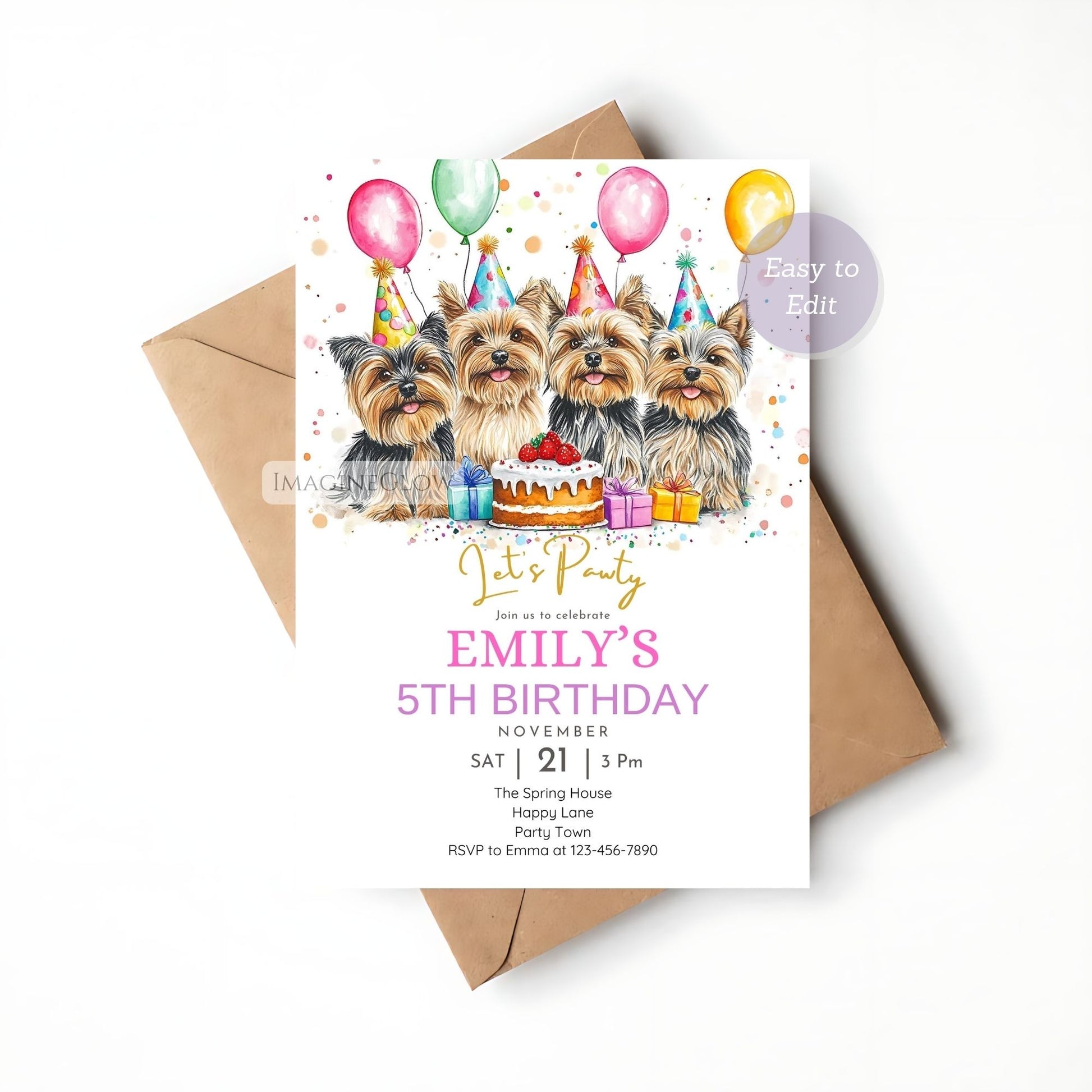 Printable four Yorkie dogs birthday party invite