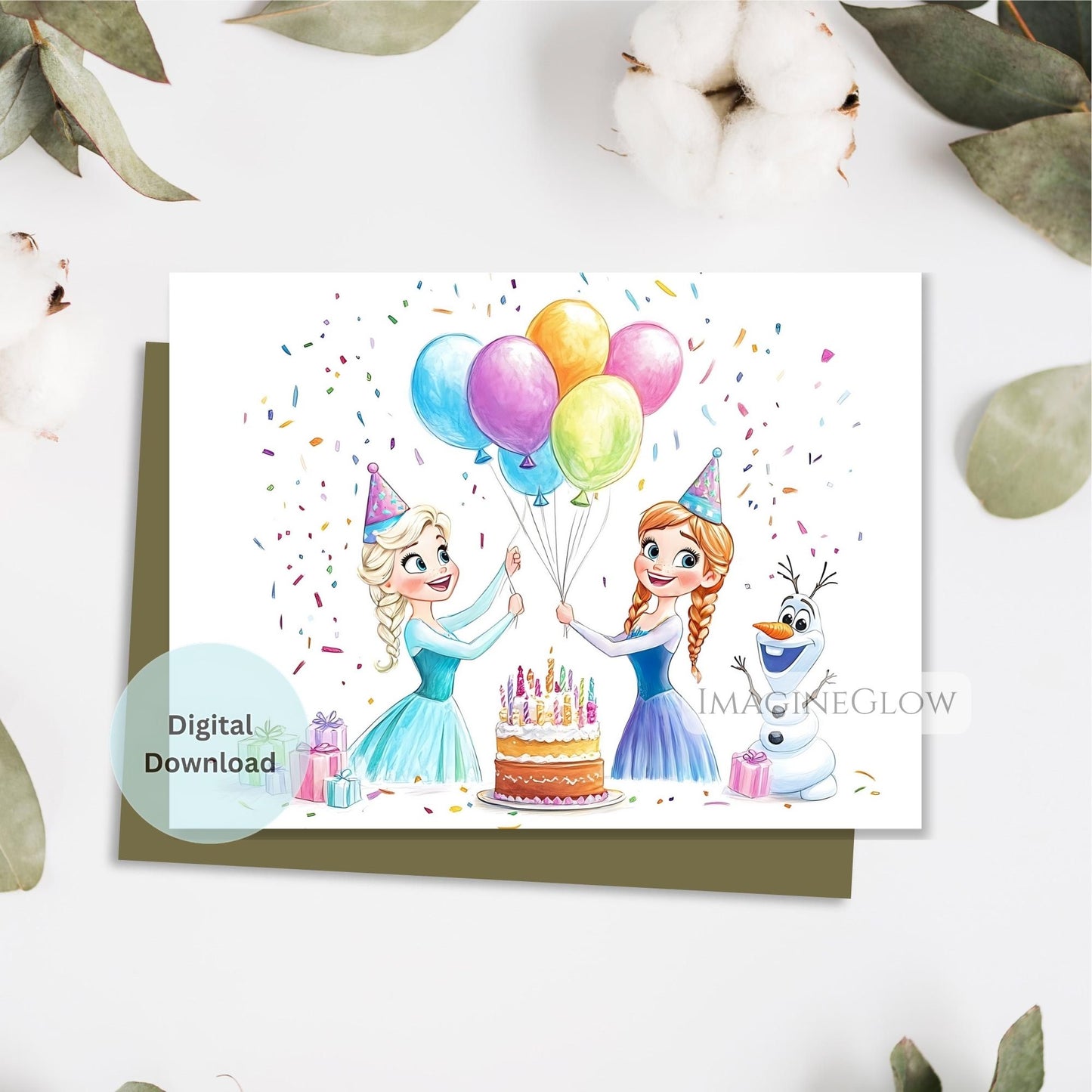 Winter wonderland Frozen birthday card for girls
Frozen princess themed birthday greeting card
Cute Frozen birthday card with snowflakes and ice castle
Elsa and Anna digital birthday card printable