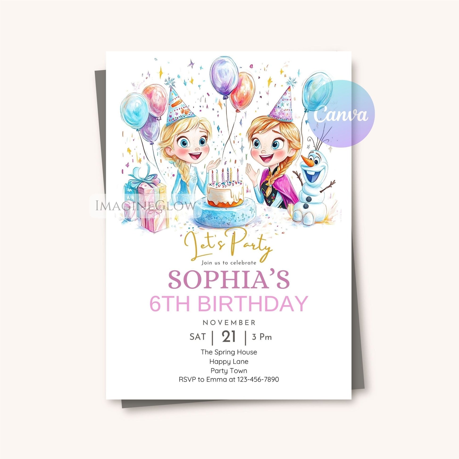 Elsa Anna Olaf party digital download
Frozen princess birthday invitation for girls