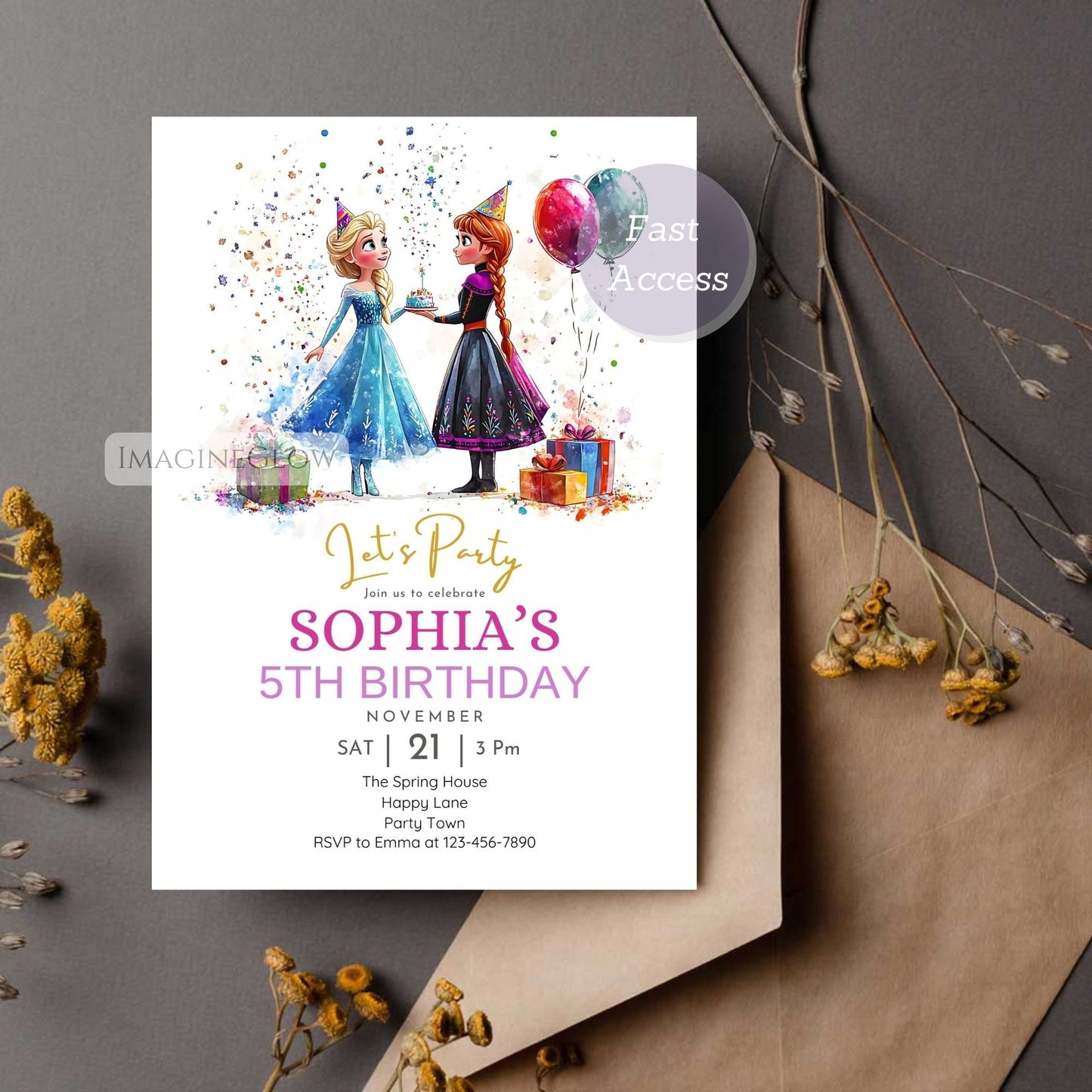 Snowflake birthday invite with princess theme