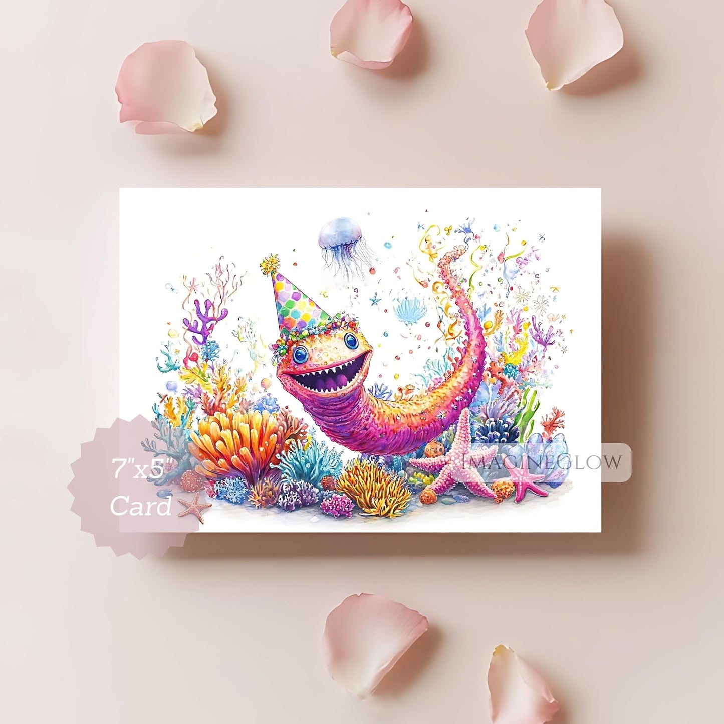 Colorful illustration of a fish and sea creatures on a card with pink petals around.