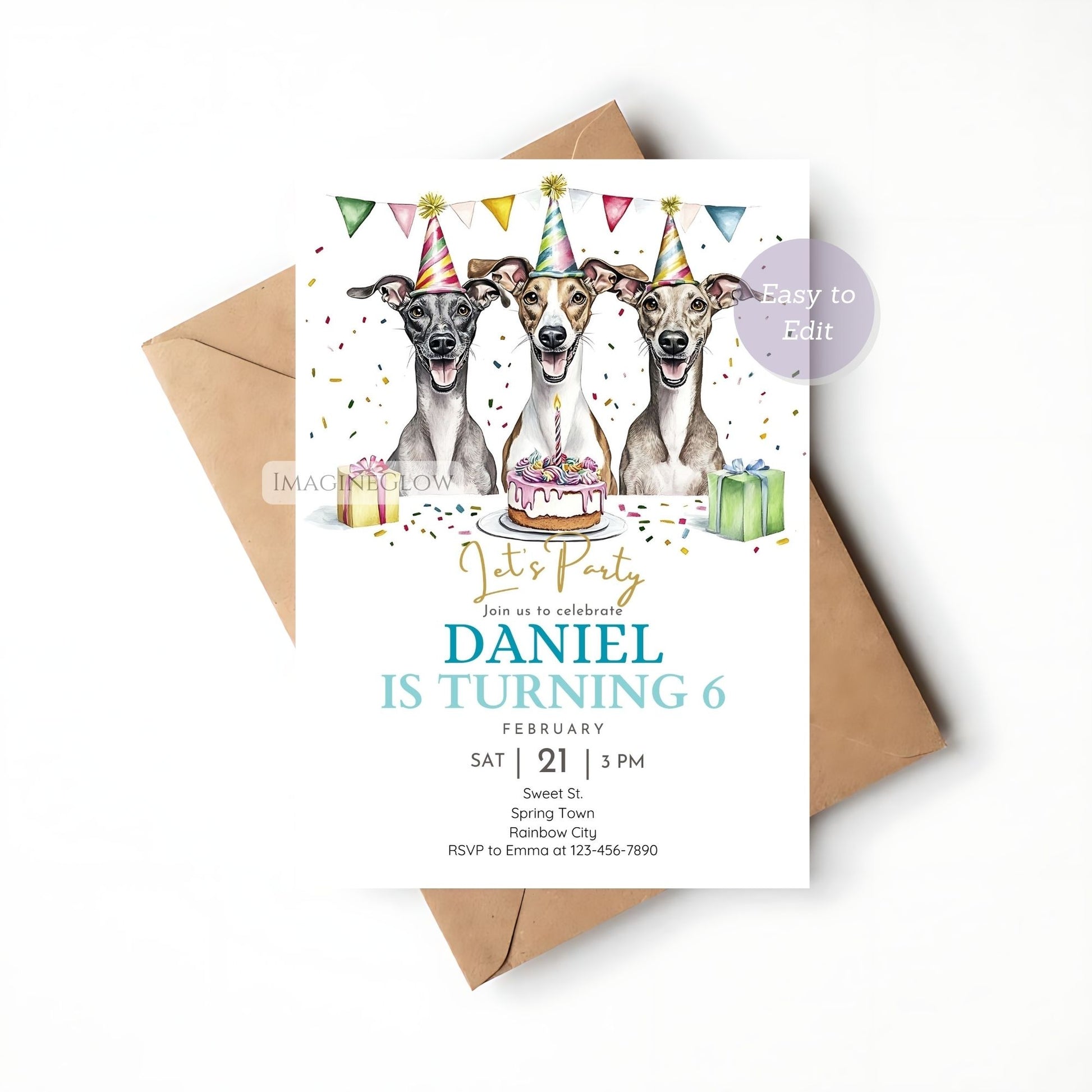 Printable dog party invite featuring Greyhounds.