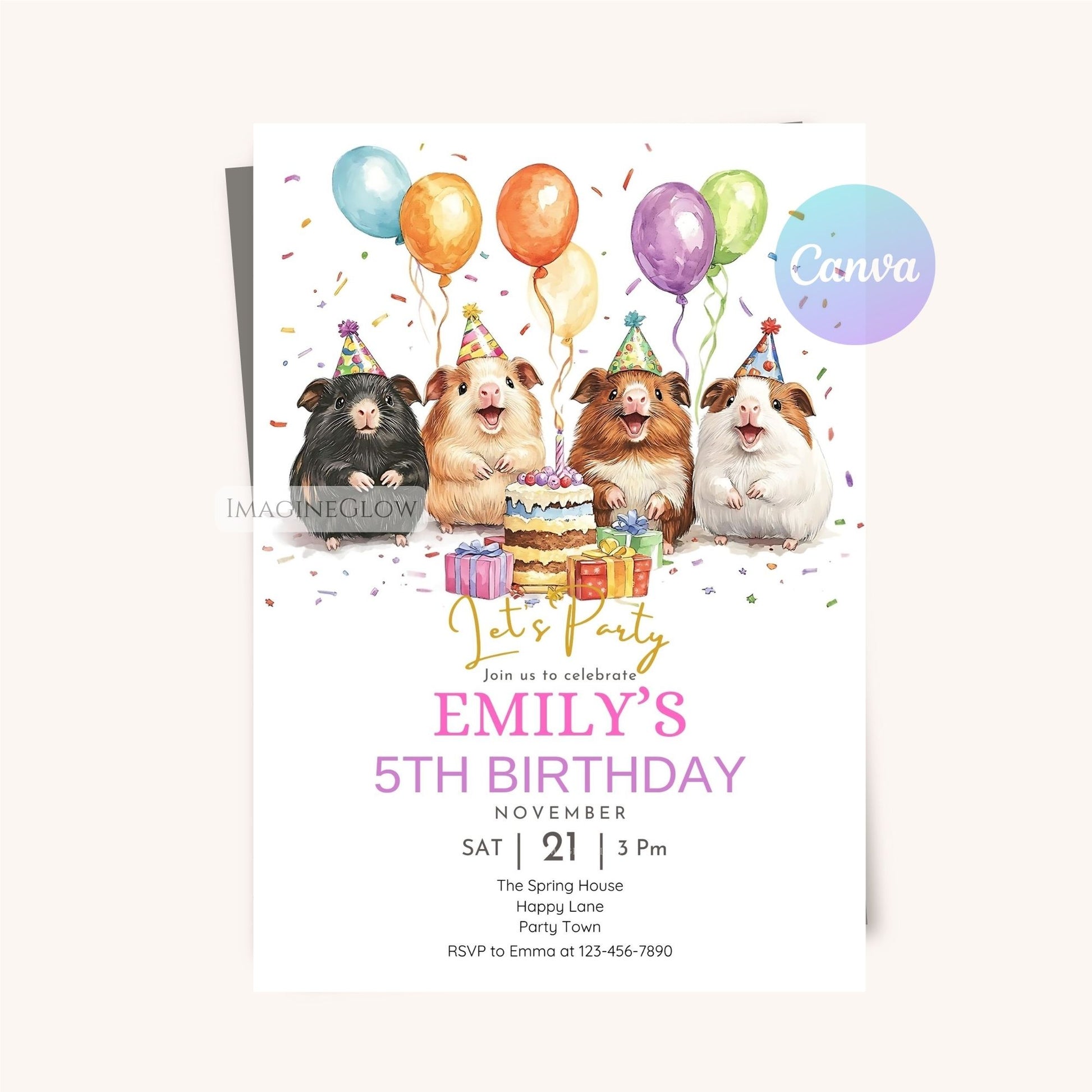 Guinea pig birthday invite with balloons and confetti.
