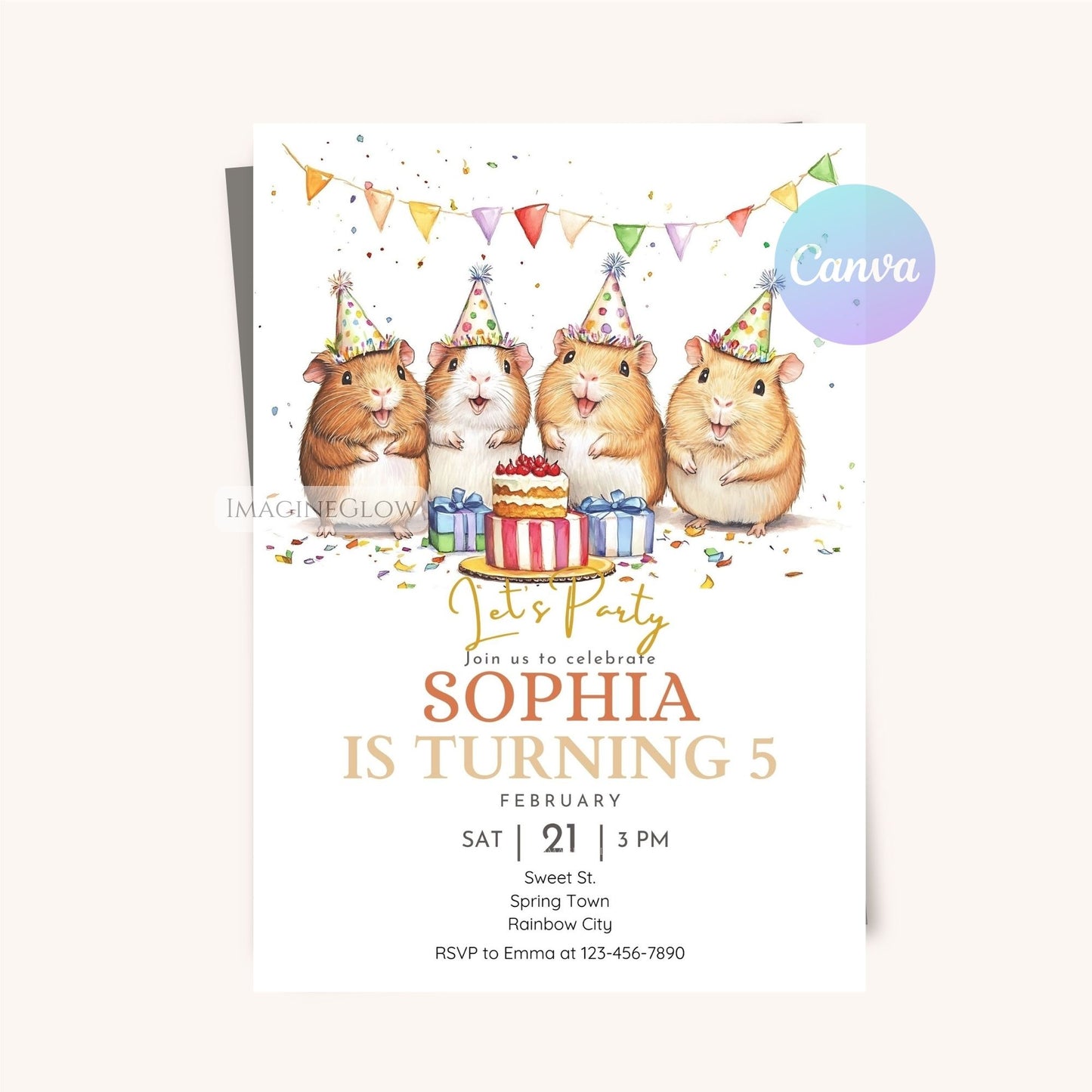 Cute party invitation with guinea pigs, cake, and colorful flags.