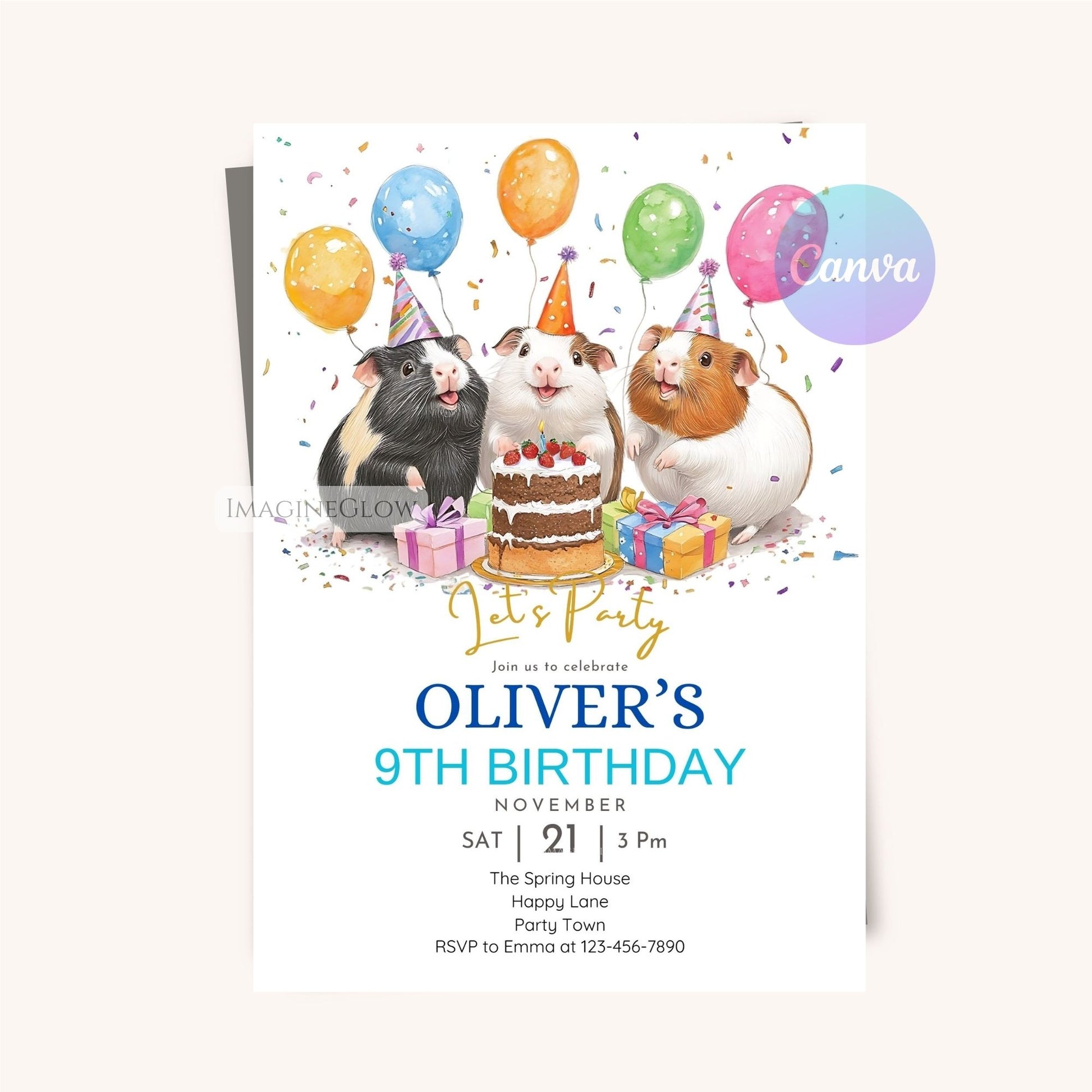 Printable birthday invite with three guinea pigs celebrating.