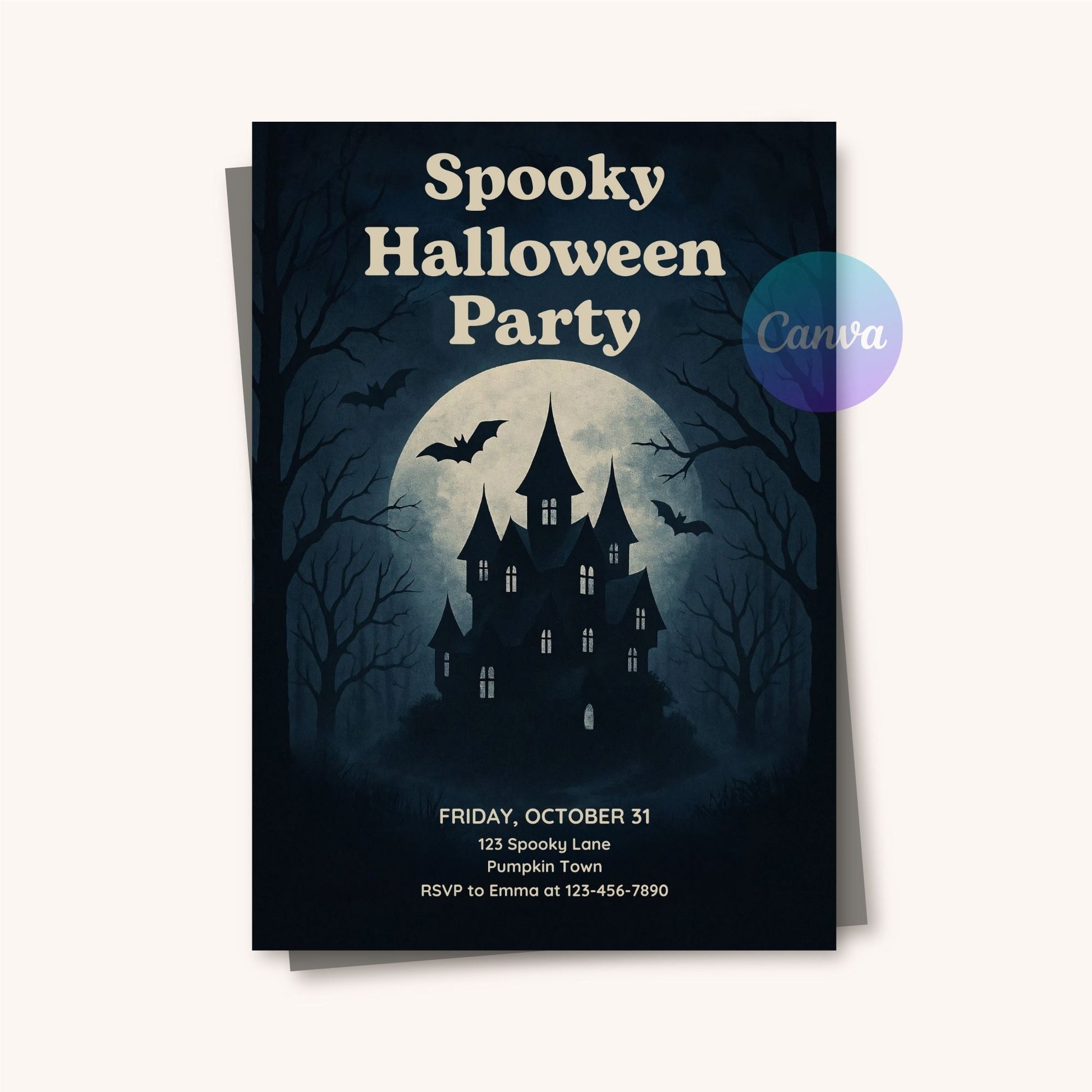 Halloween party invitation with a castle and bats design on a dark background