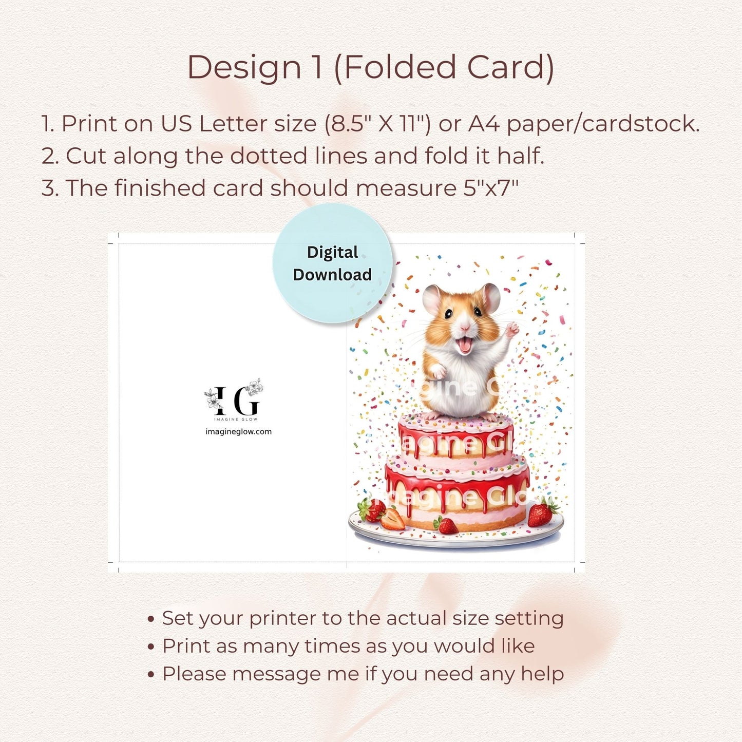 Fun strawberry cake hamster birthday card for party celebrations.