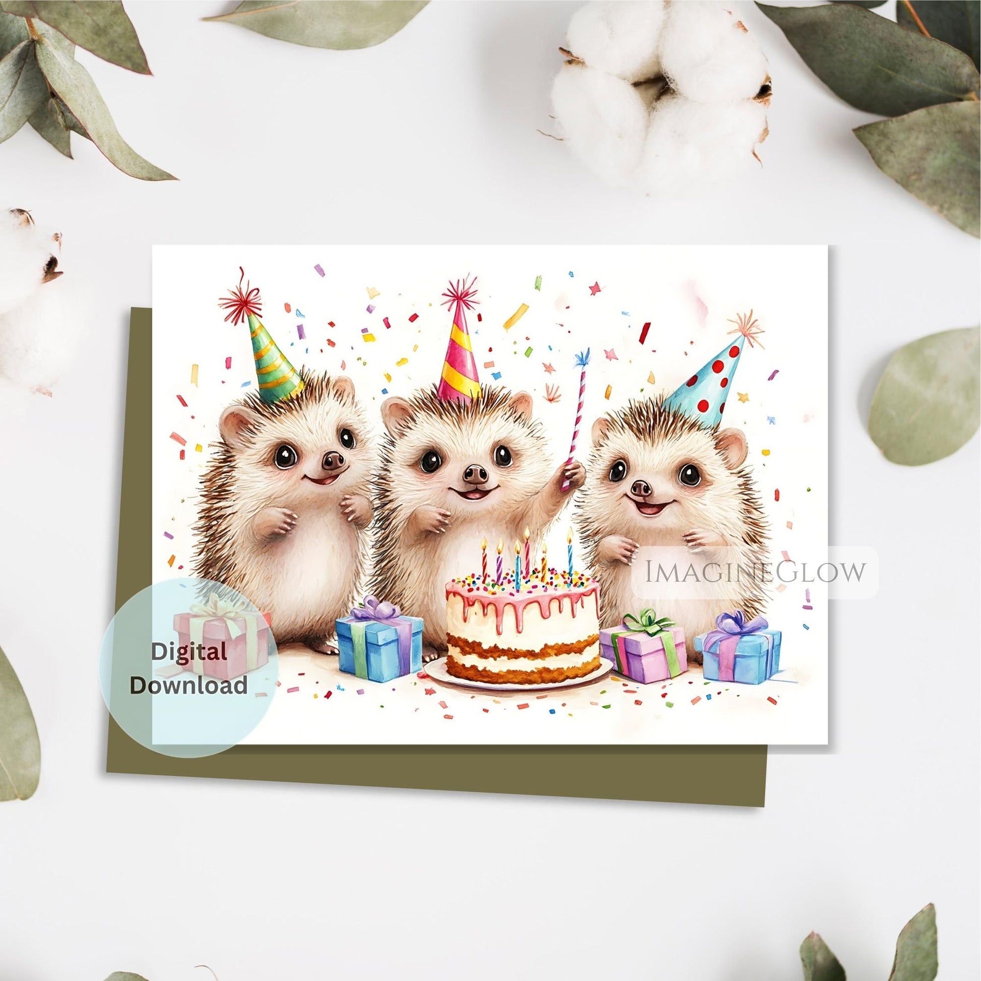 Birthday card with hedgehogs, cake, and presents on a white background