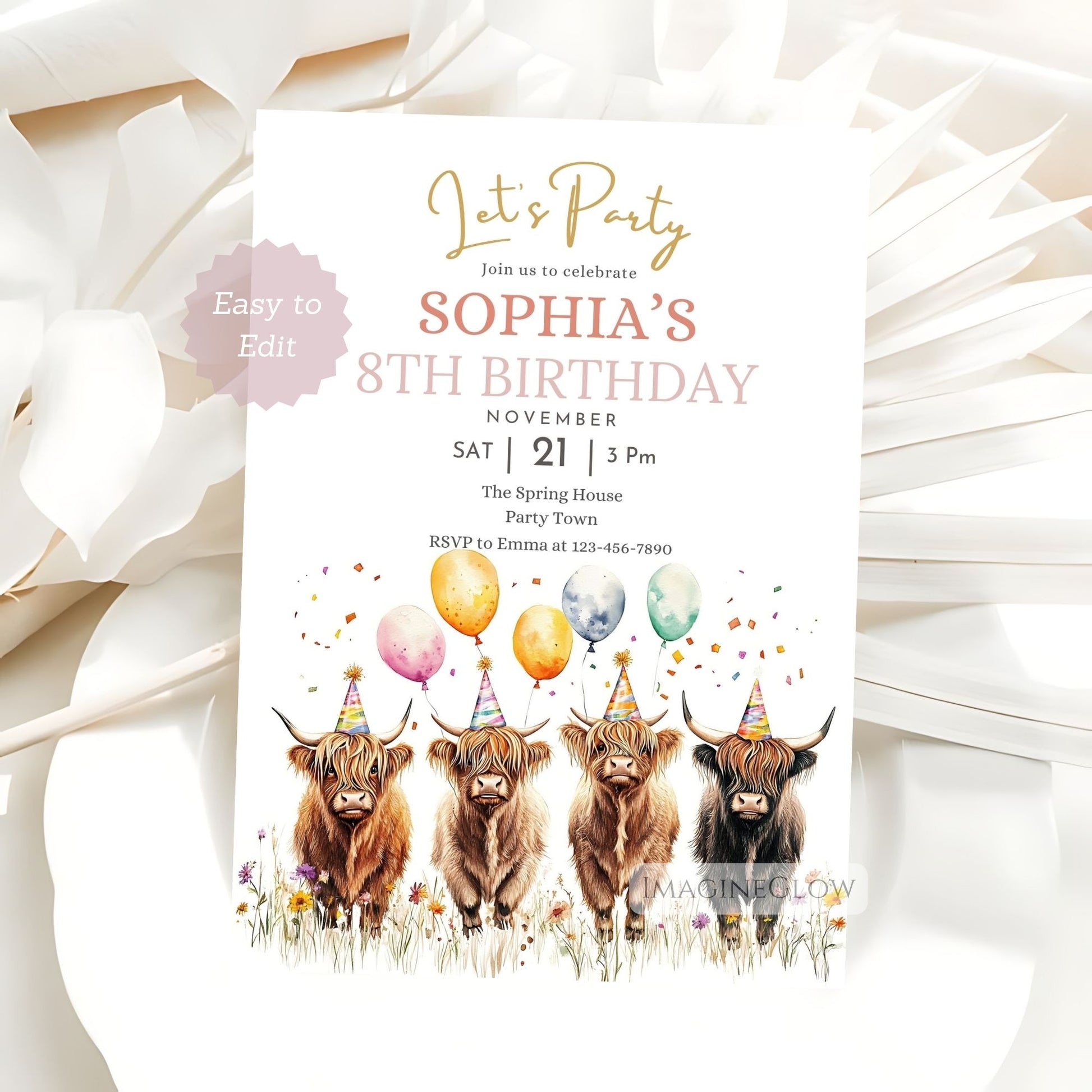 Editable Highland cattle birthday card
Cute farm-themed cow invitation