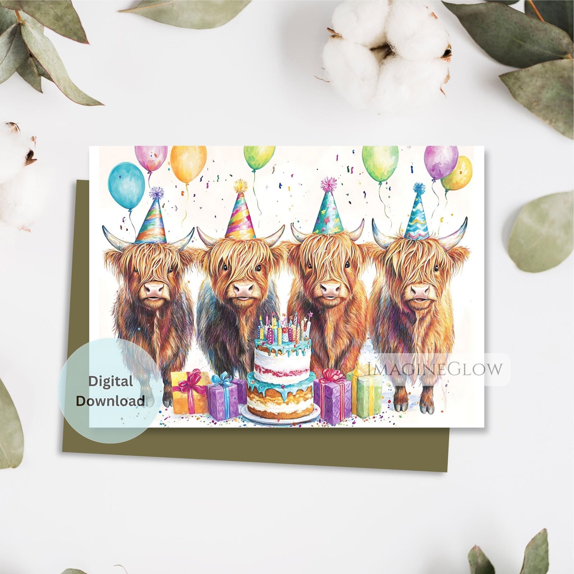 Birthday card with four Highland cows wearing party hats, a cake, and presents on a white background.