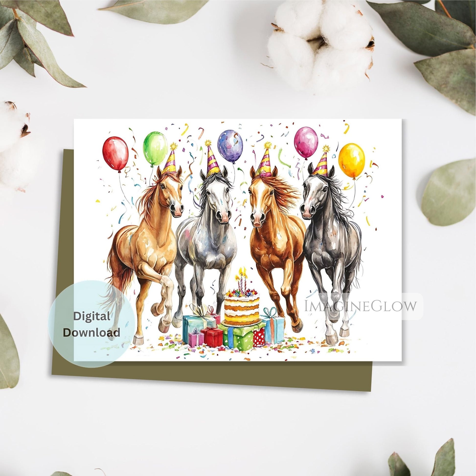 Birthday card with four horses wearing party hats and balloons on a white background.
