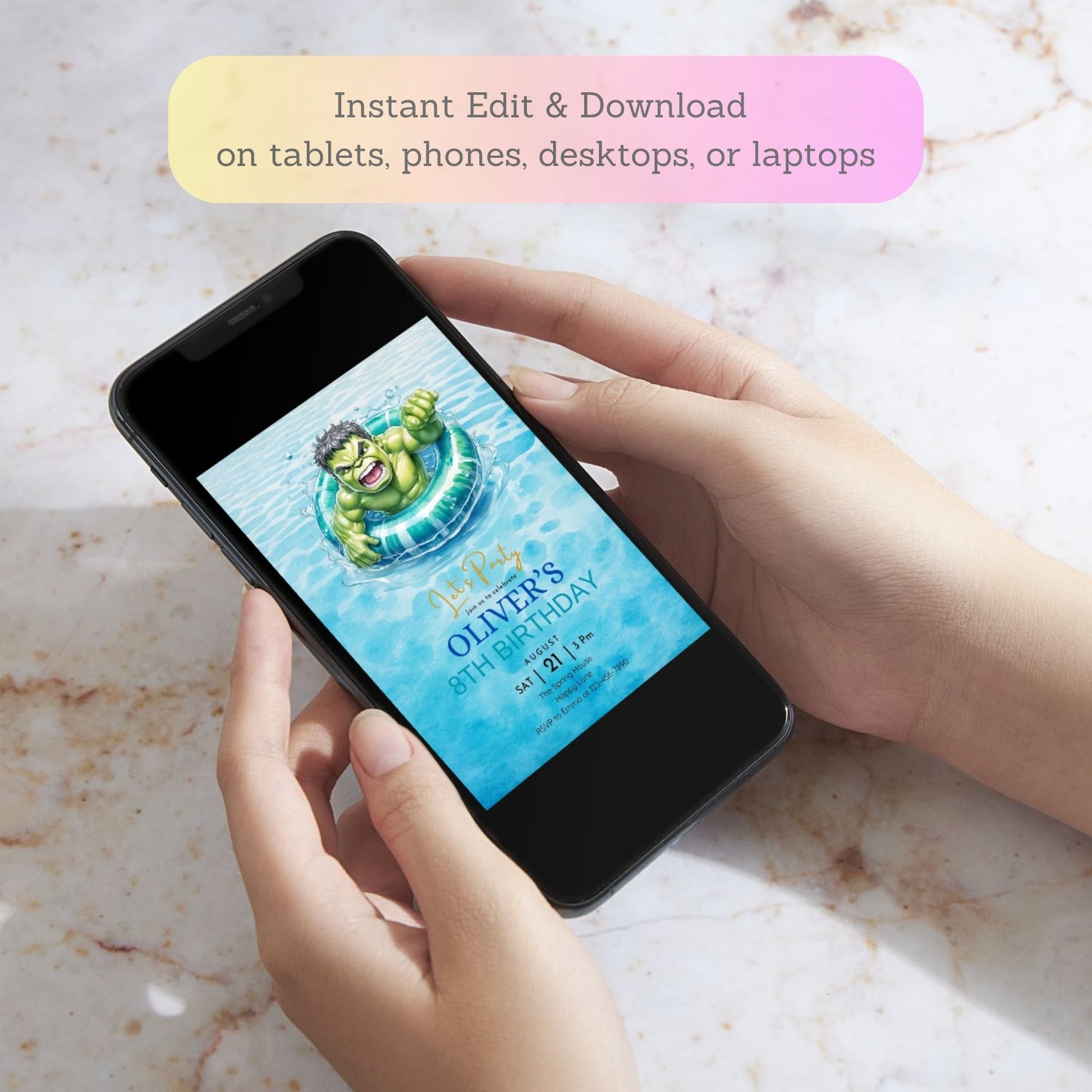 hulk birthday pool party invitation
superhero summer swim party invite