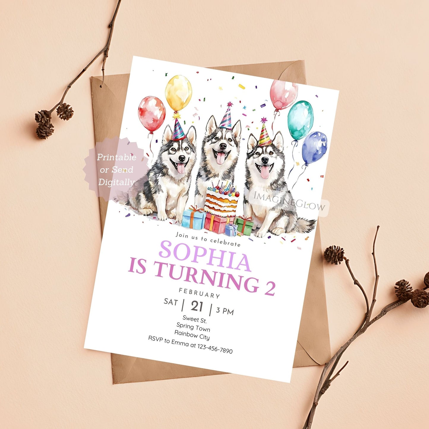 Cute Husky birthday invitation with playful puppy design
