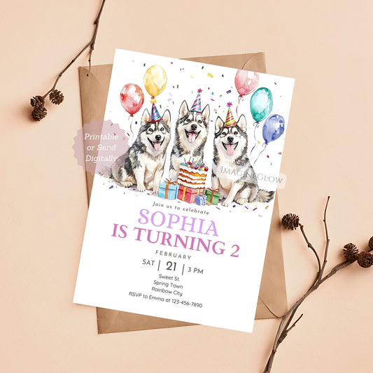 Cute Husky birthday invitation with playful puppy design