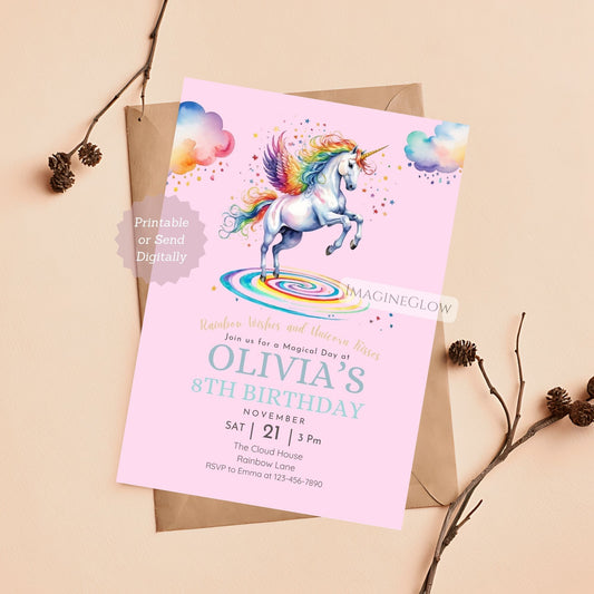 Unicorn birthday invitation with a rainbow design.