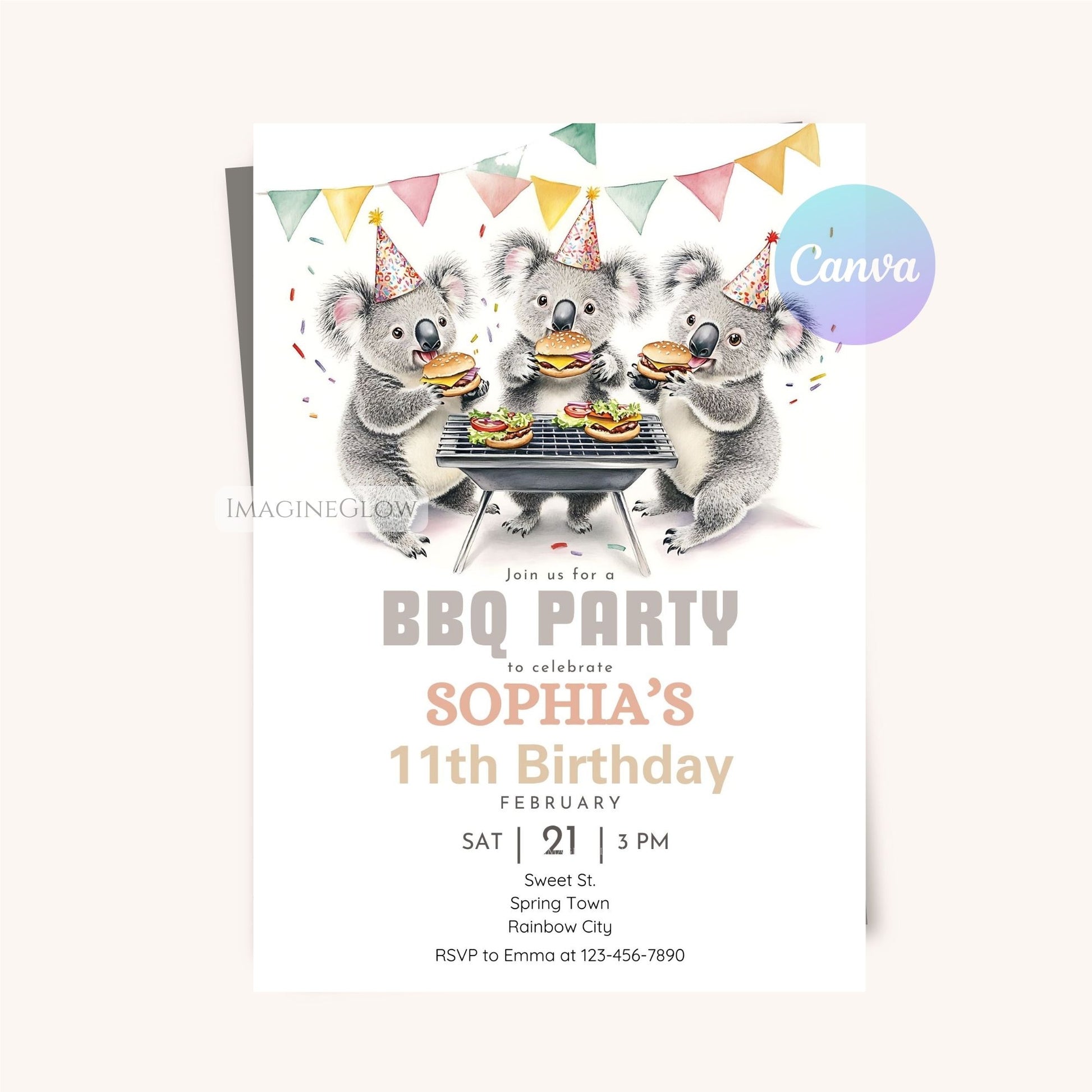 Adorable koala enjoying a barbecue on a birthday card.