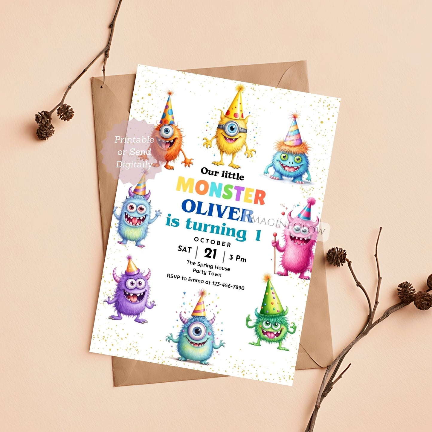 editable little monster kids party invite