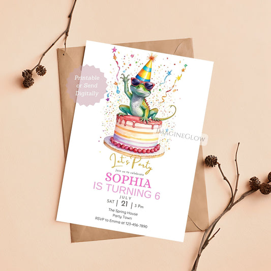 Birthday invitation card with a lizard and cake design on a beige background