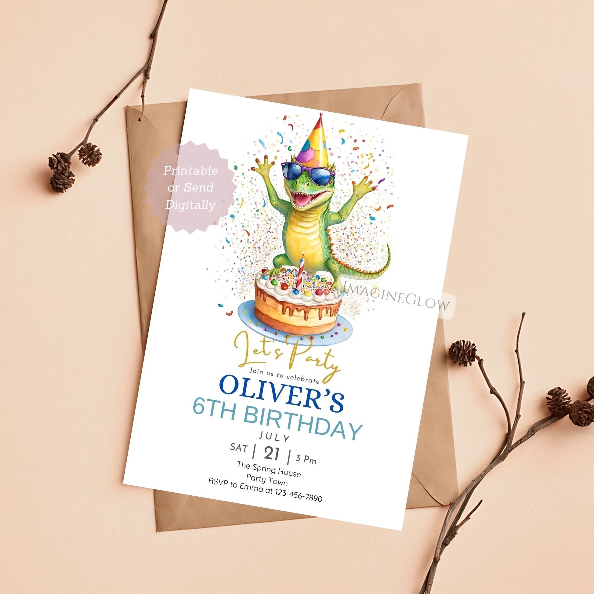 Birthday invitation card with a lizard on a cake