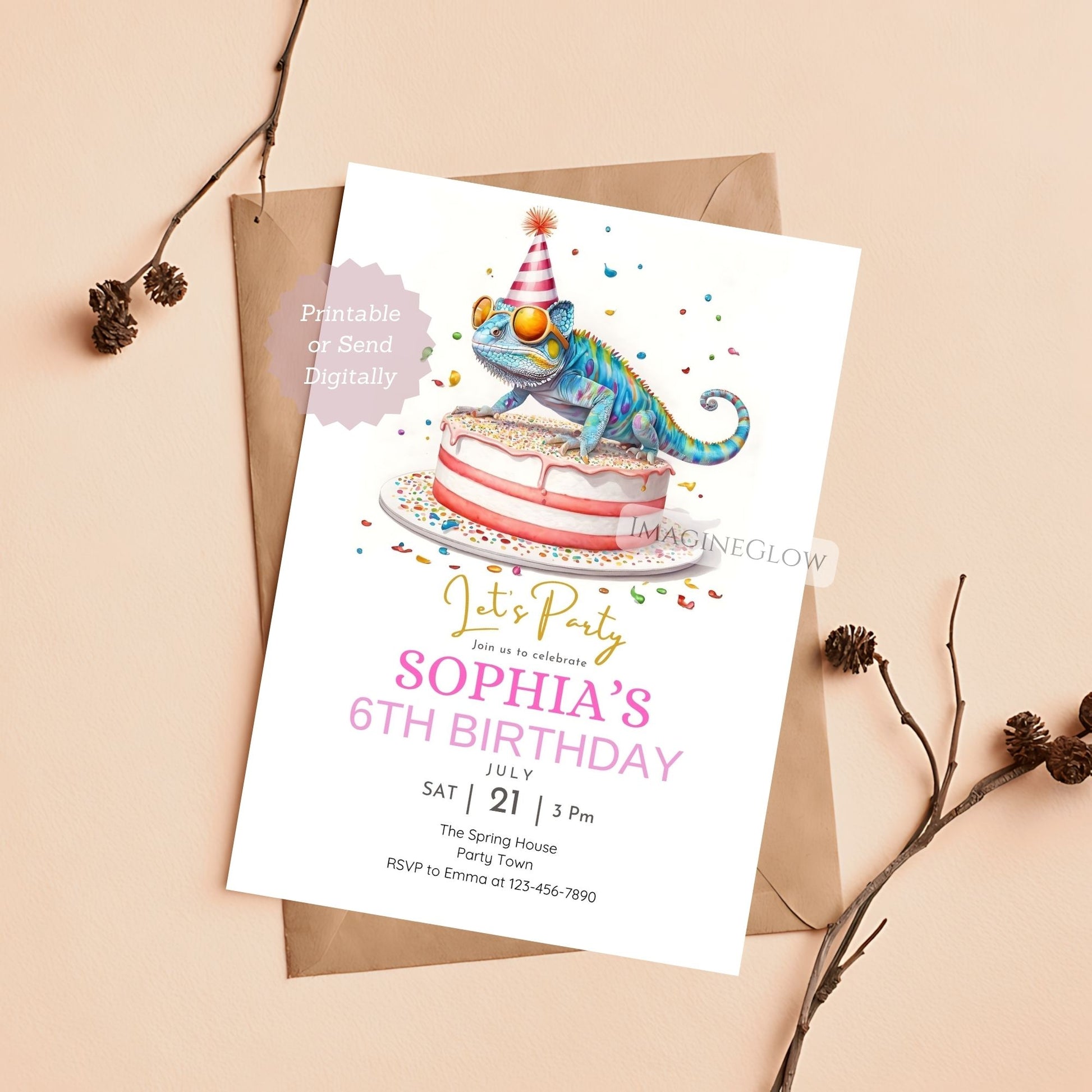 Birthday invitation card with a chameleon on a cake, placed on a beige background.