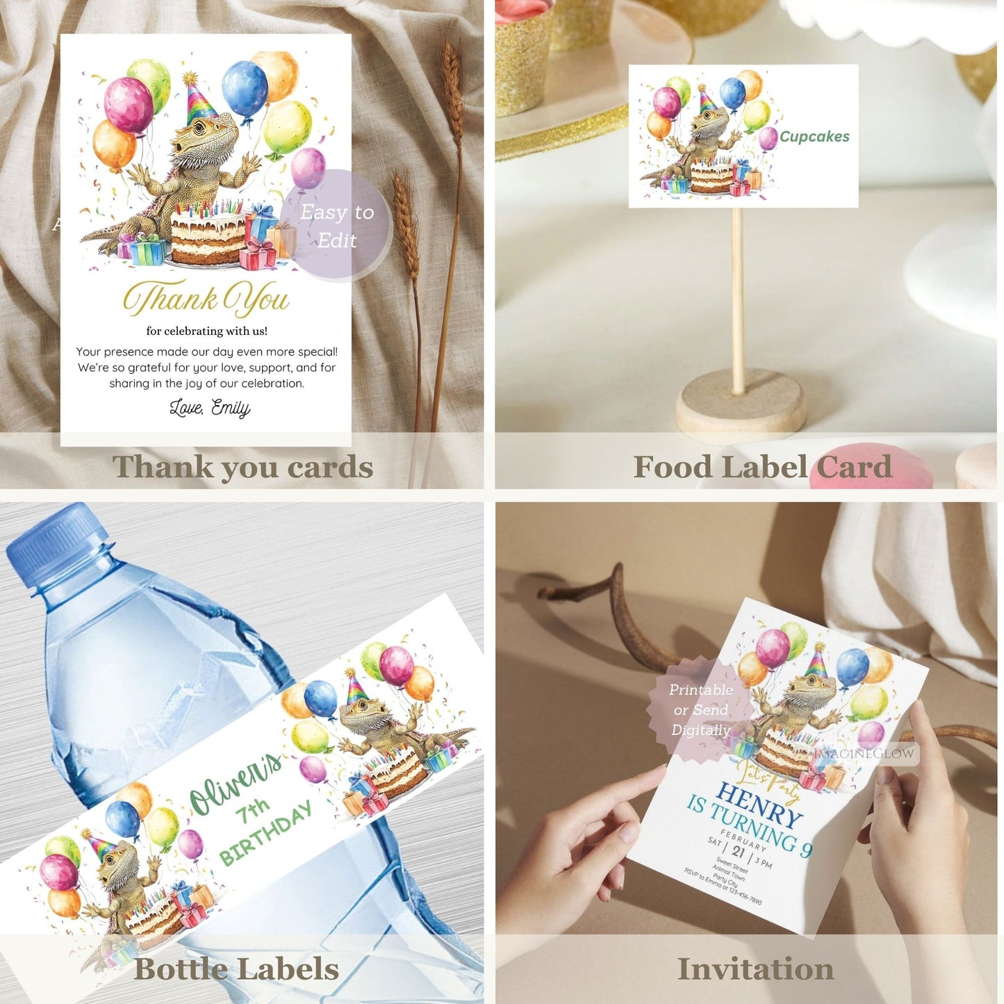 Collection of birthday-themed cards and labels with a bearded dragon and balloons.