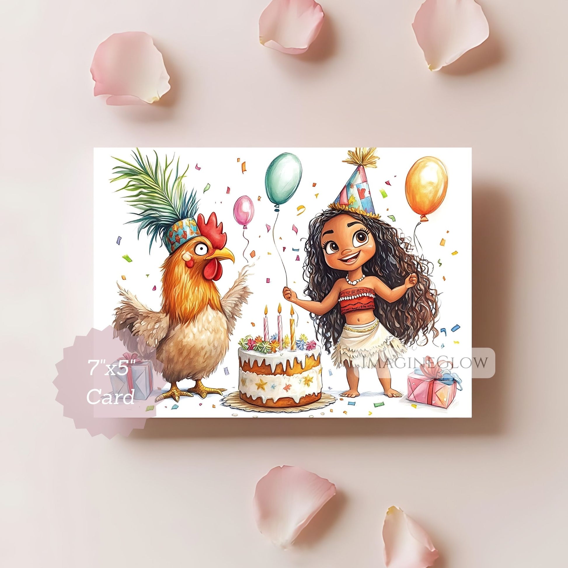 Illustration of a moana with a rooster heihei and birthday cake on a card with rose petals around.