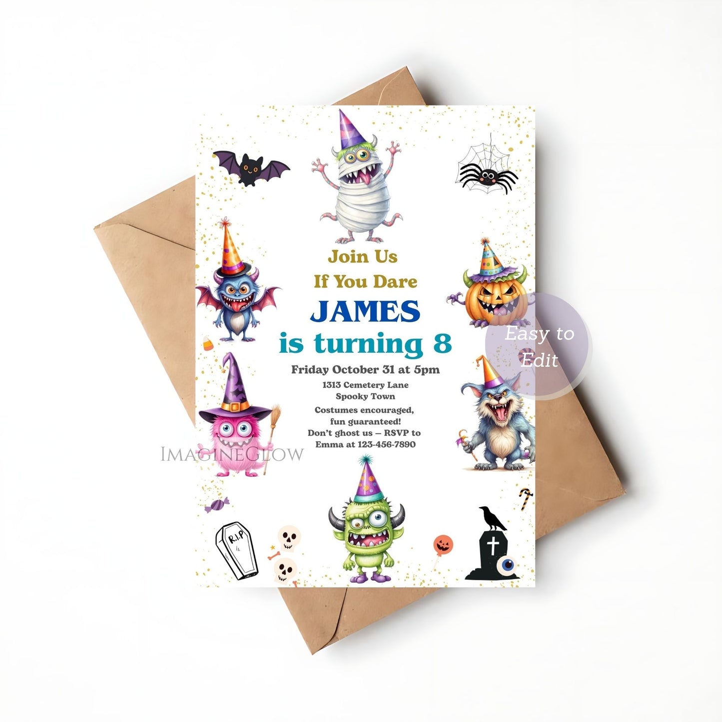 Halloween-themed birthday invitation card with cartoon monsters on a white background.