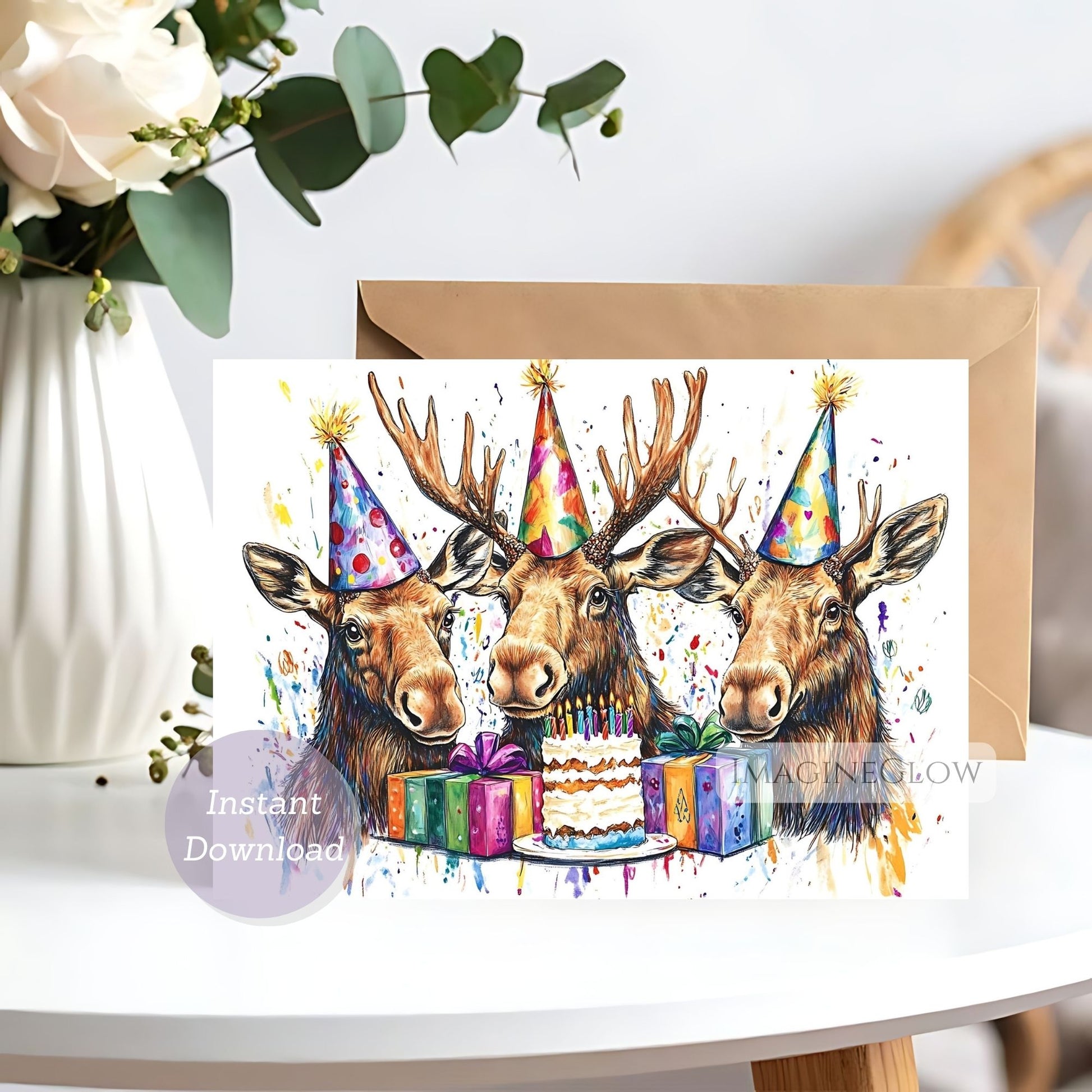 Greeting card with three deer wearing party hats around a birthday cake and presents