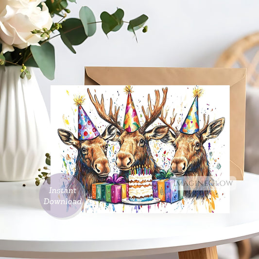 Greeting card with three deer wearing party hats around a birthday cake and presents