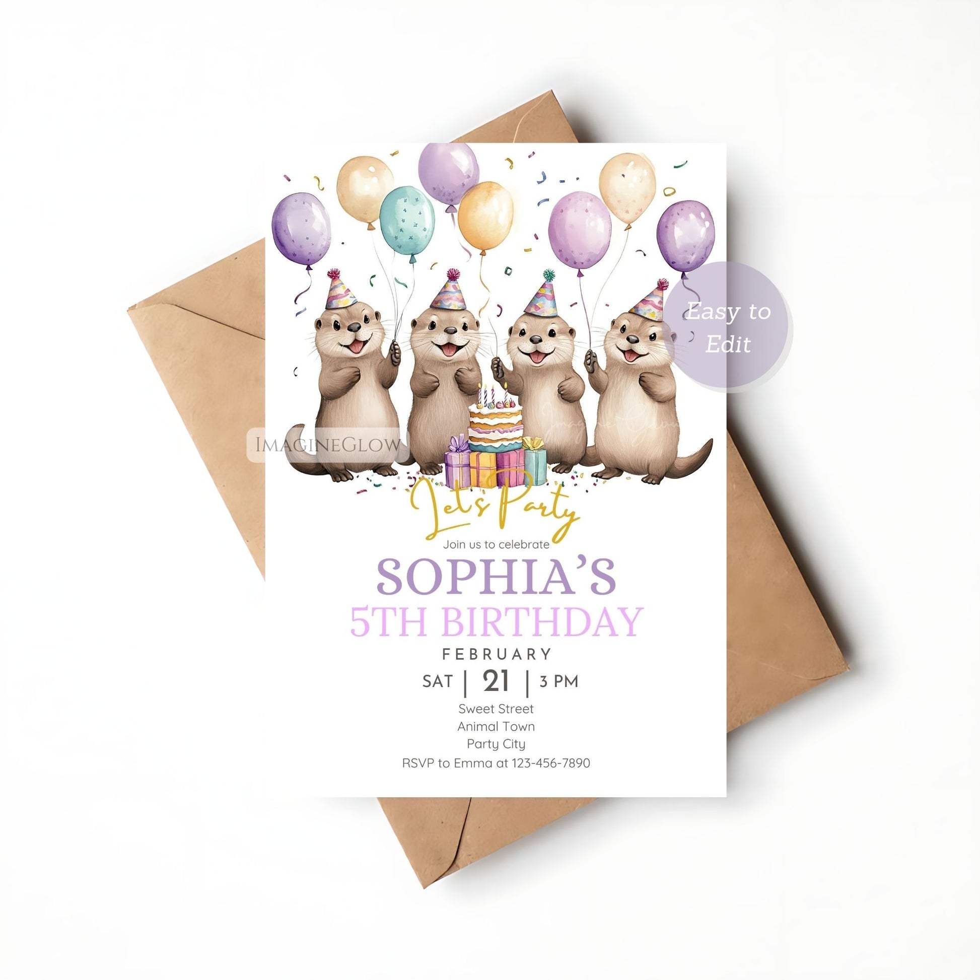 Printable otter birthday party invitation
Editable woodland otter birthday invite