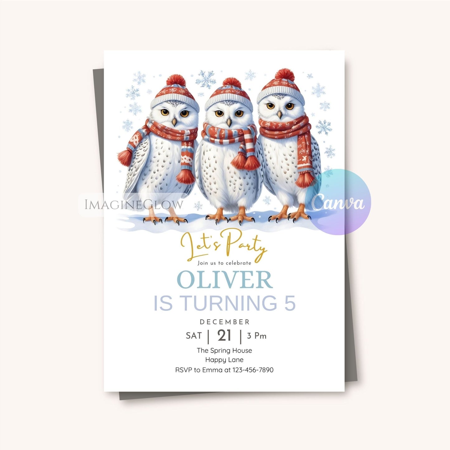 printable snowy owl kids party invitation
cute owl winter birthday invitation for children