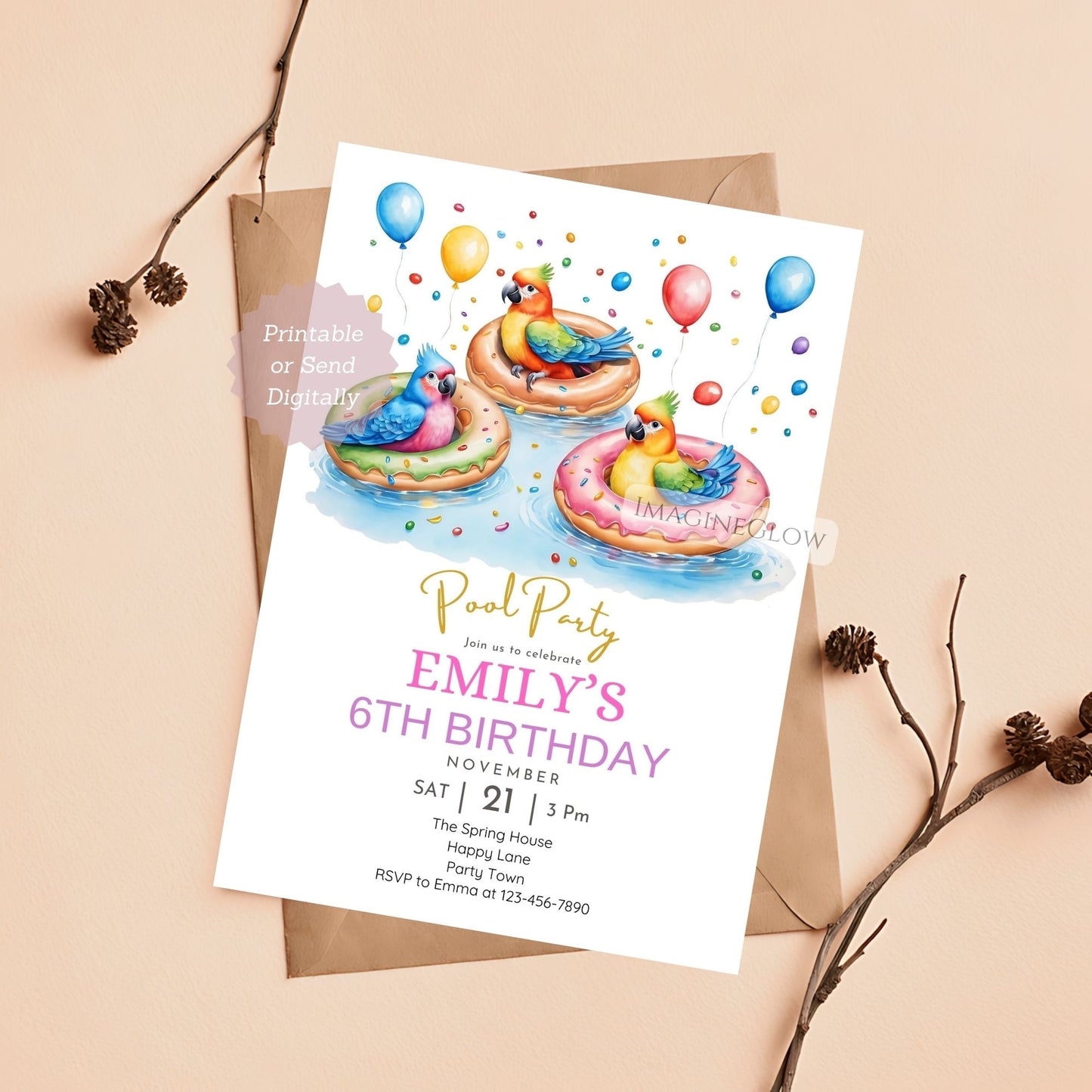 Kids summer birthday invitation with parrots