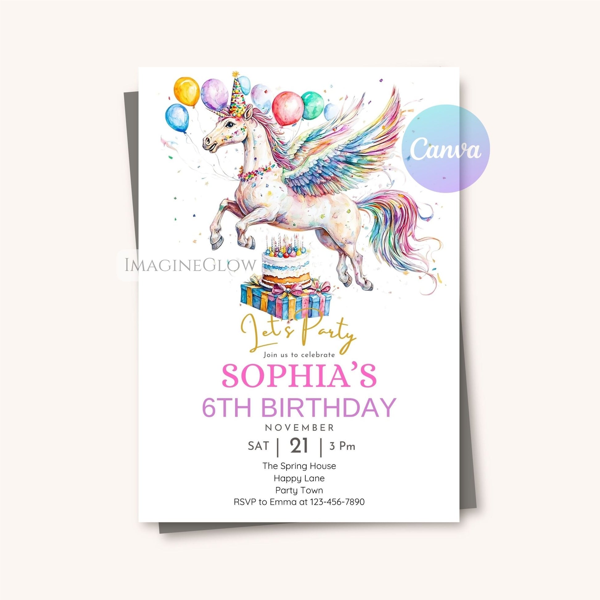 Winged horse birthday invitation for kids
Fantasy Pegasus birthday party invite editable
