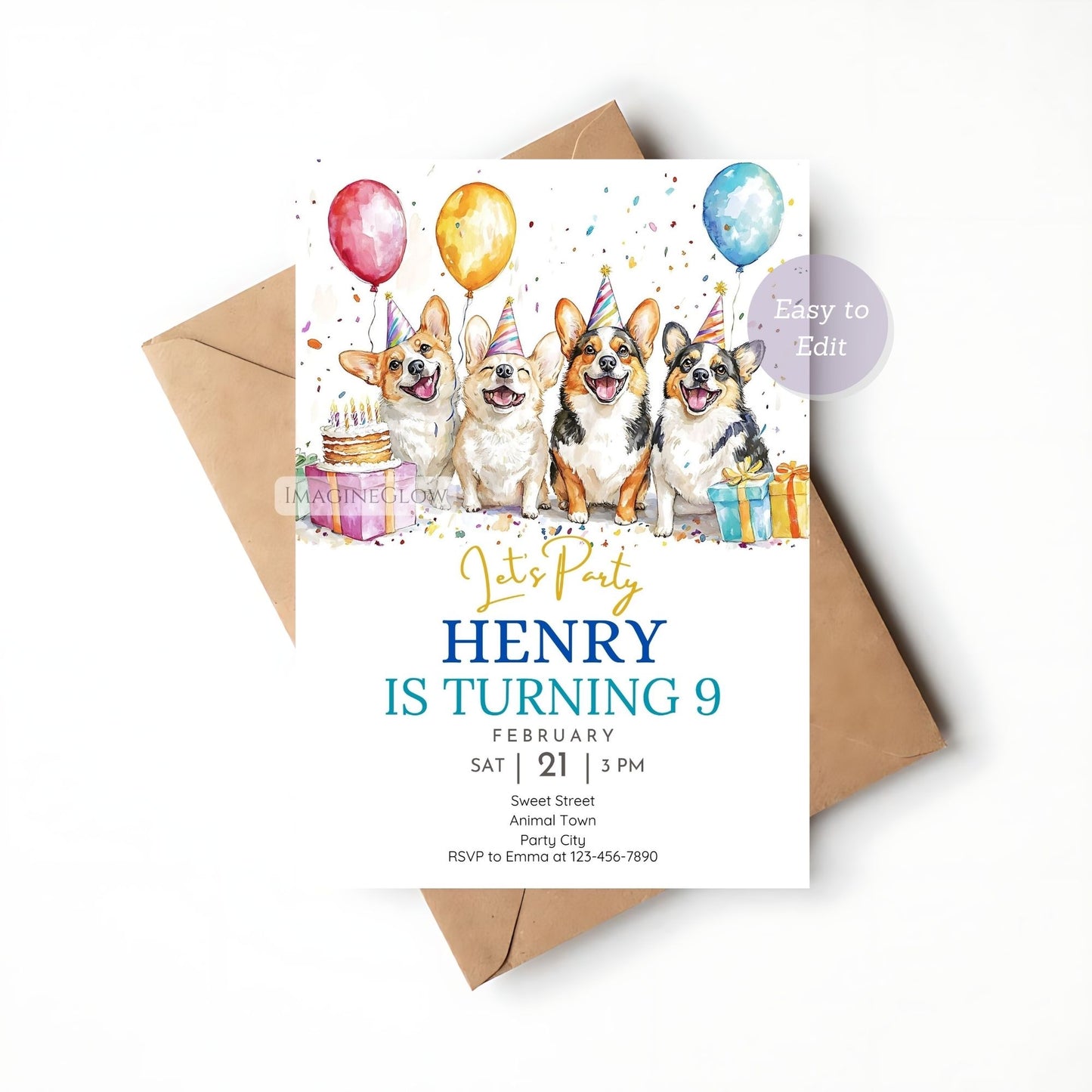 Printable Corgi dog party invitation for puppy pawty.