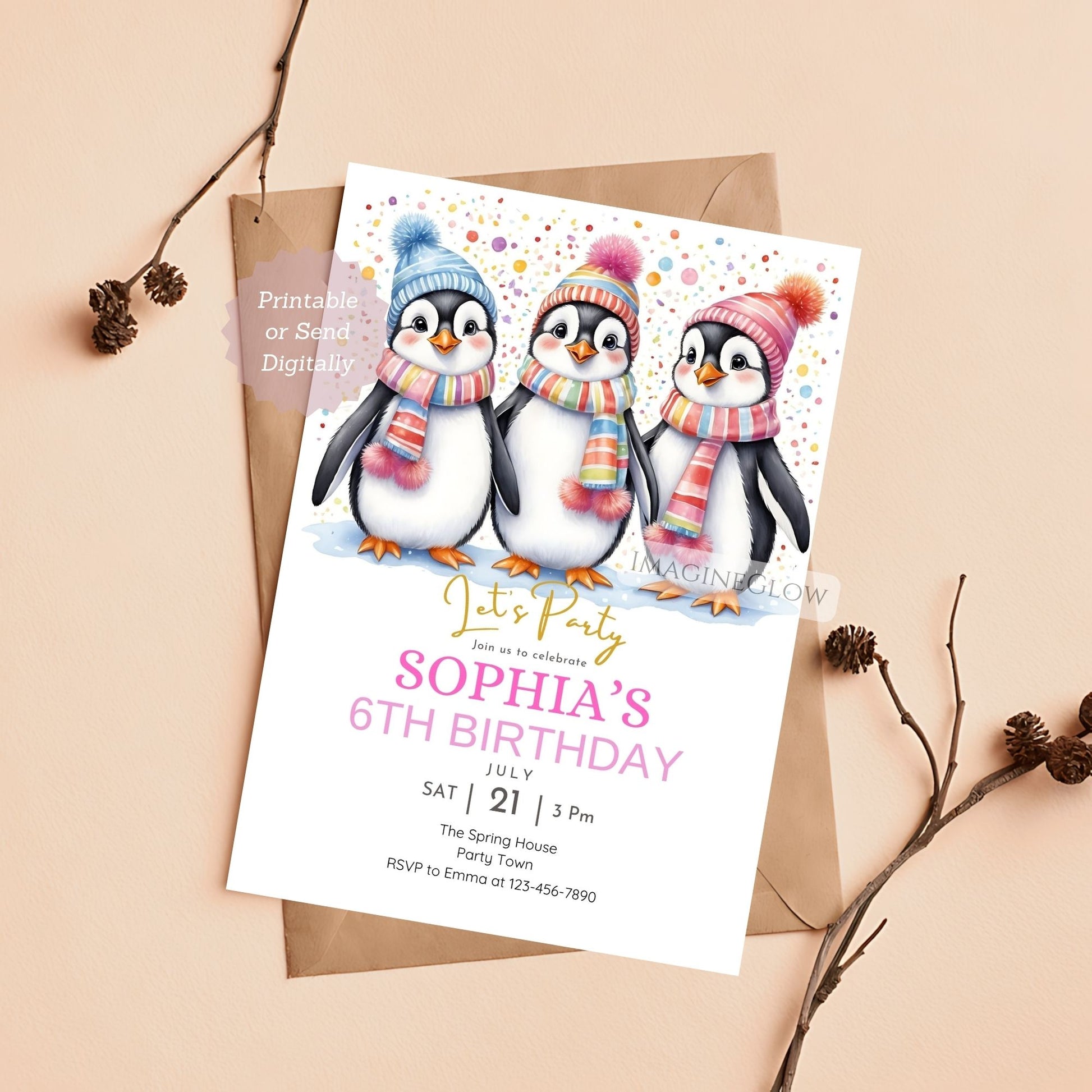 penguin themed kids party invitation template