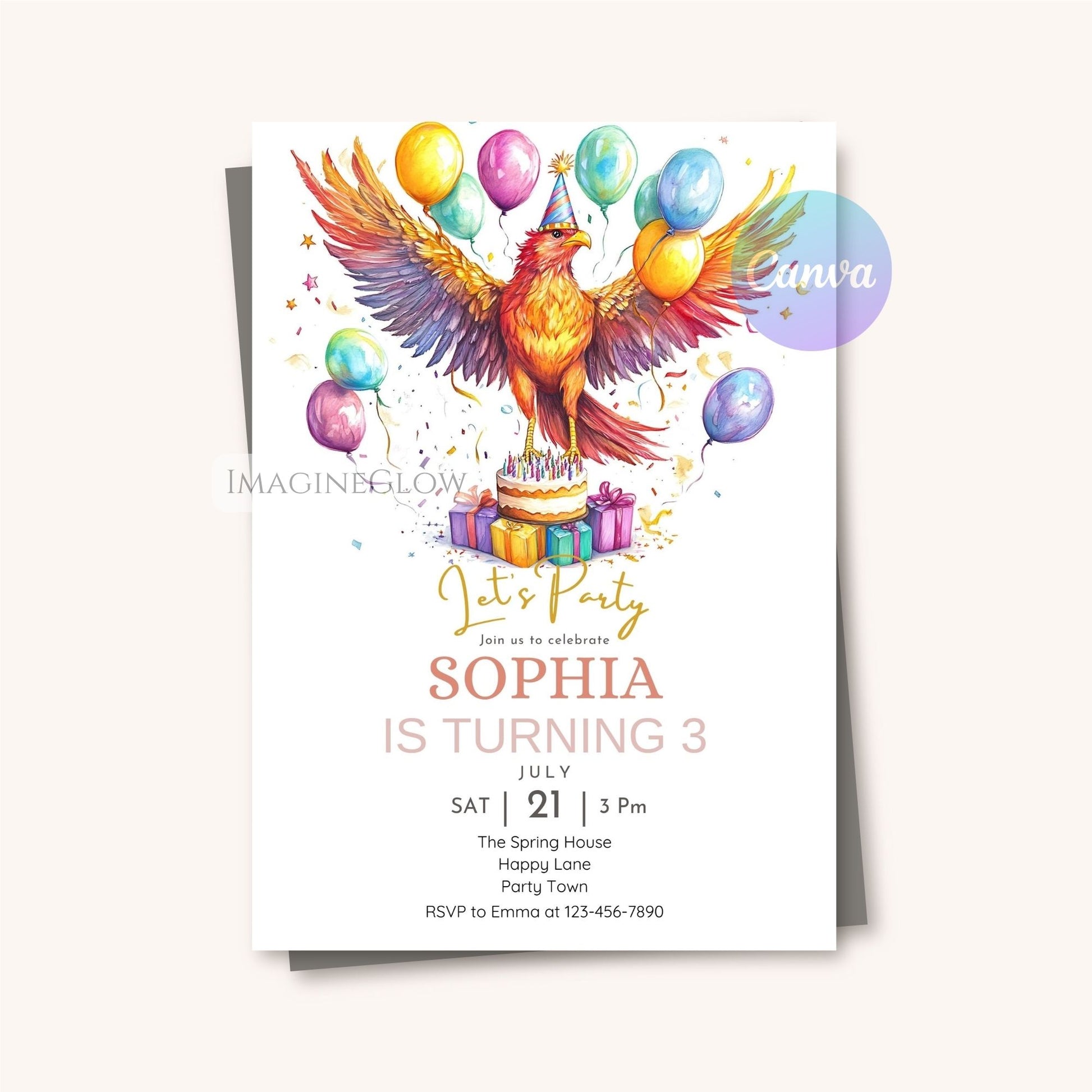 Fiery phoenix themed birthday invitation editable