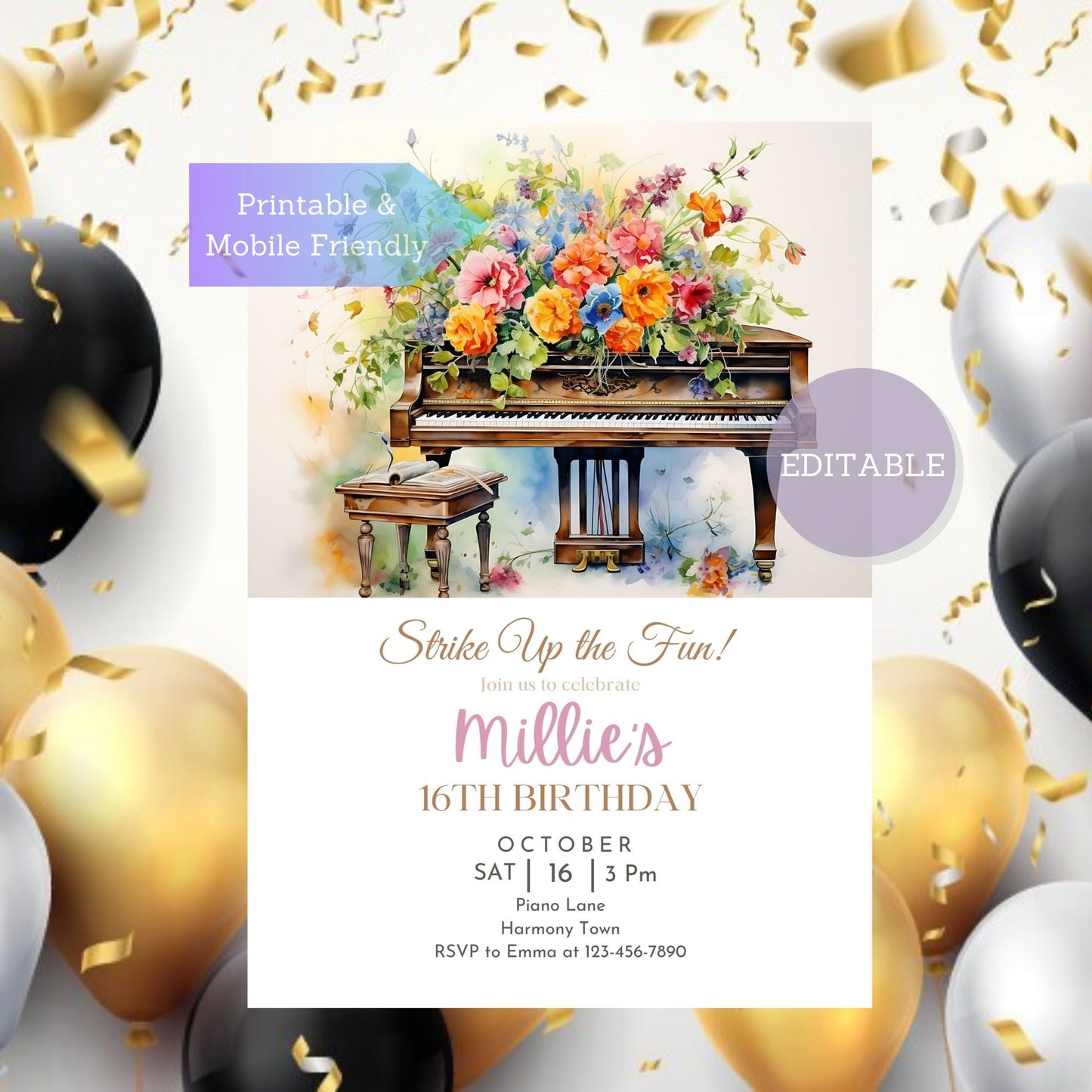 Editable piano birthday card template for kids and adults.