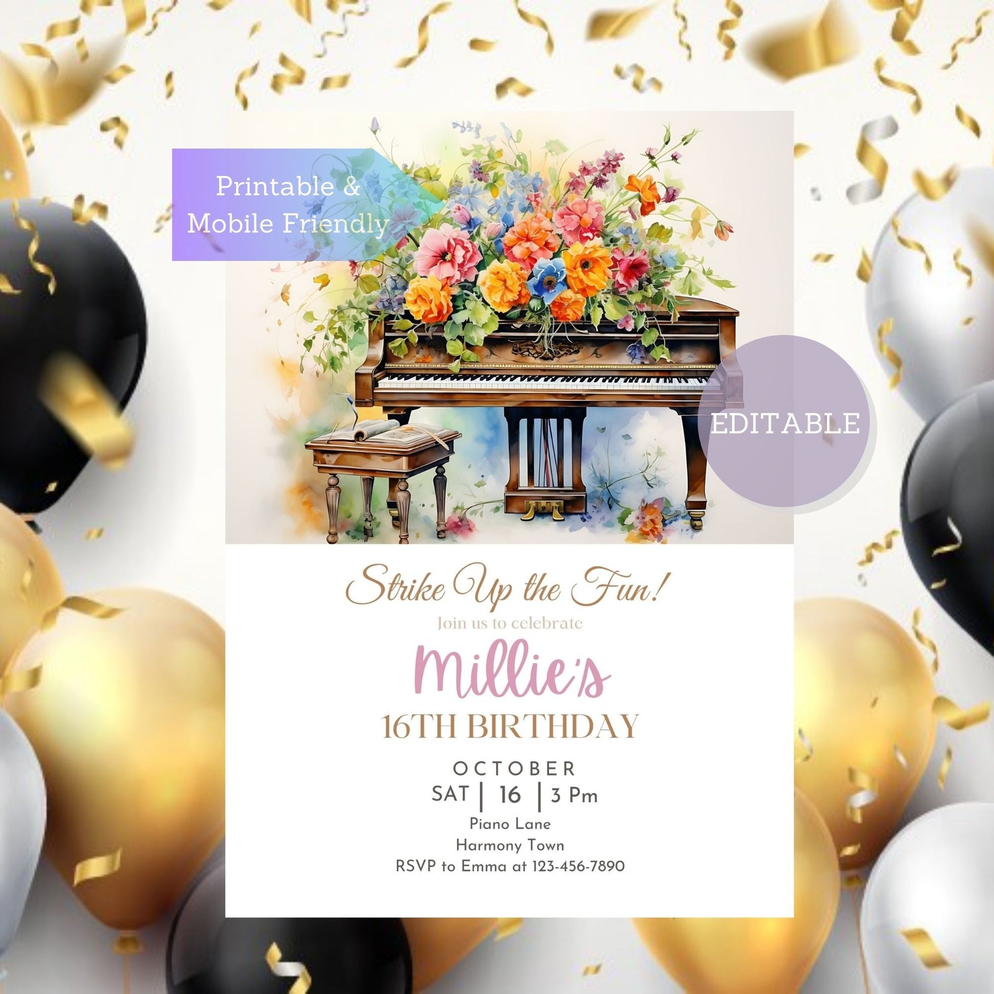 Editable piano birthday card template for kids and adults.