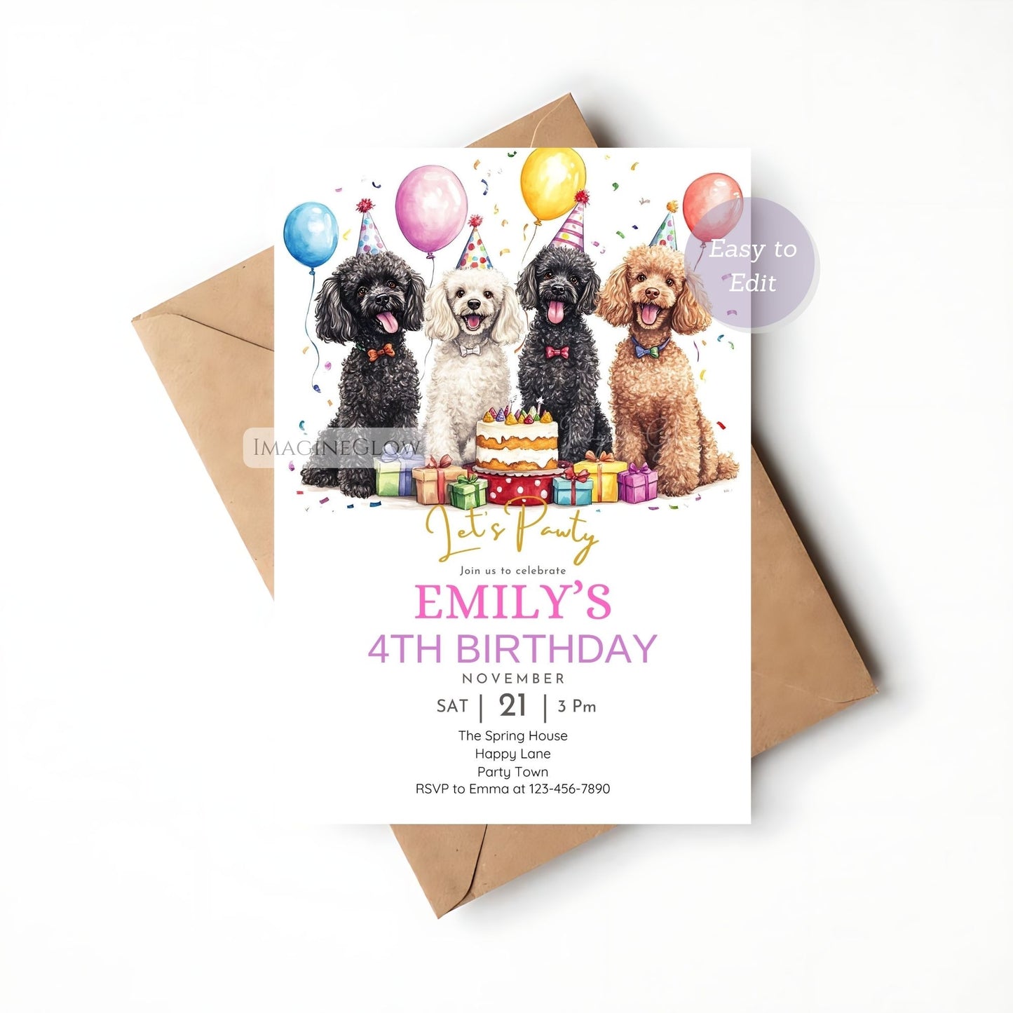 Cute Poodle puppy birthday invite