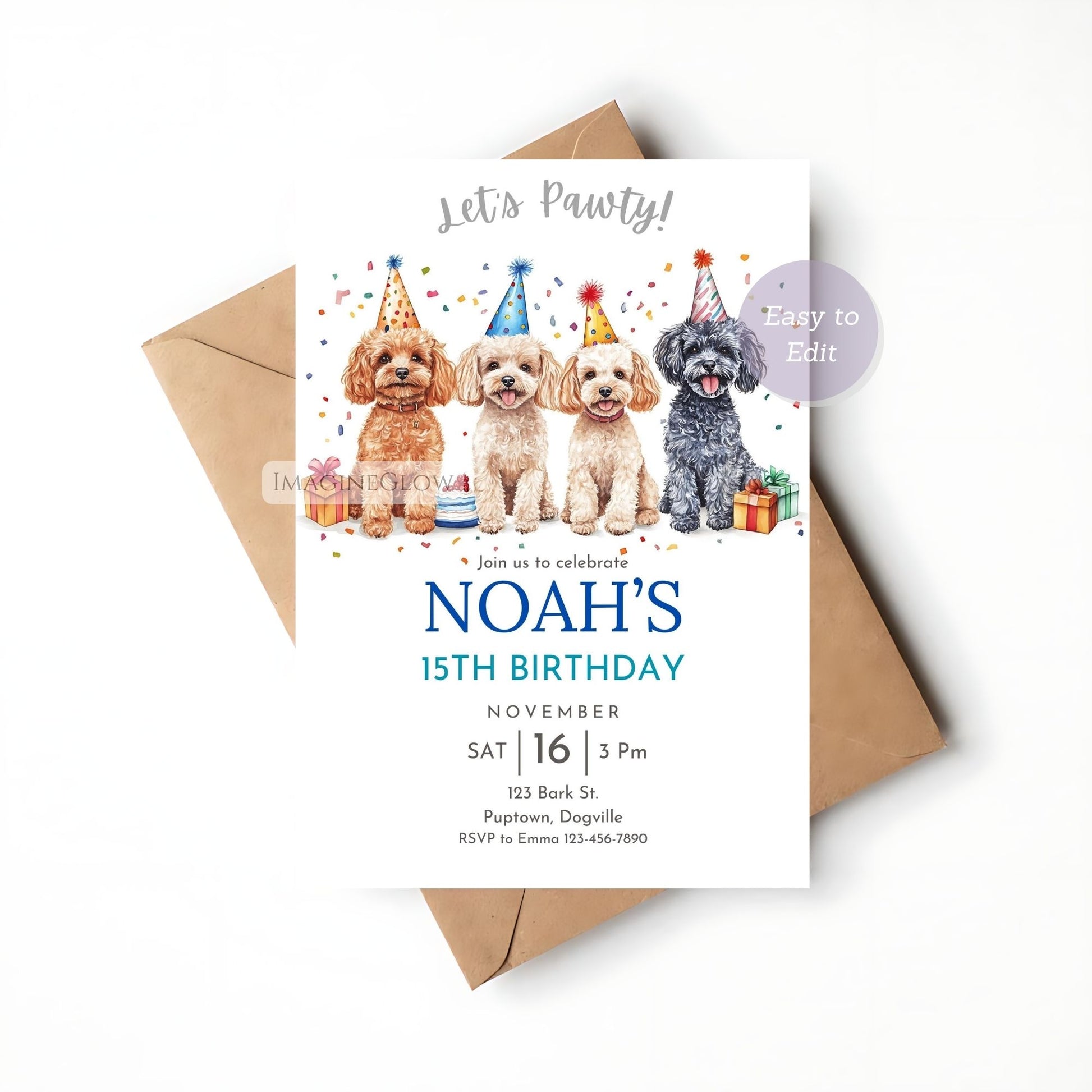 Editable dog pawty invitation for a puppy birthday.
Printable Toy Poodle party invite for pet lovers.