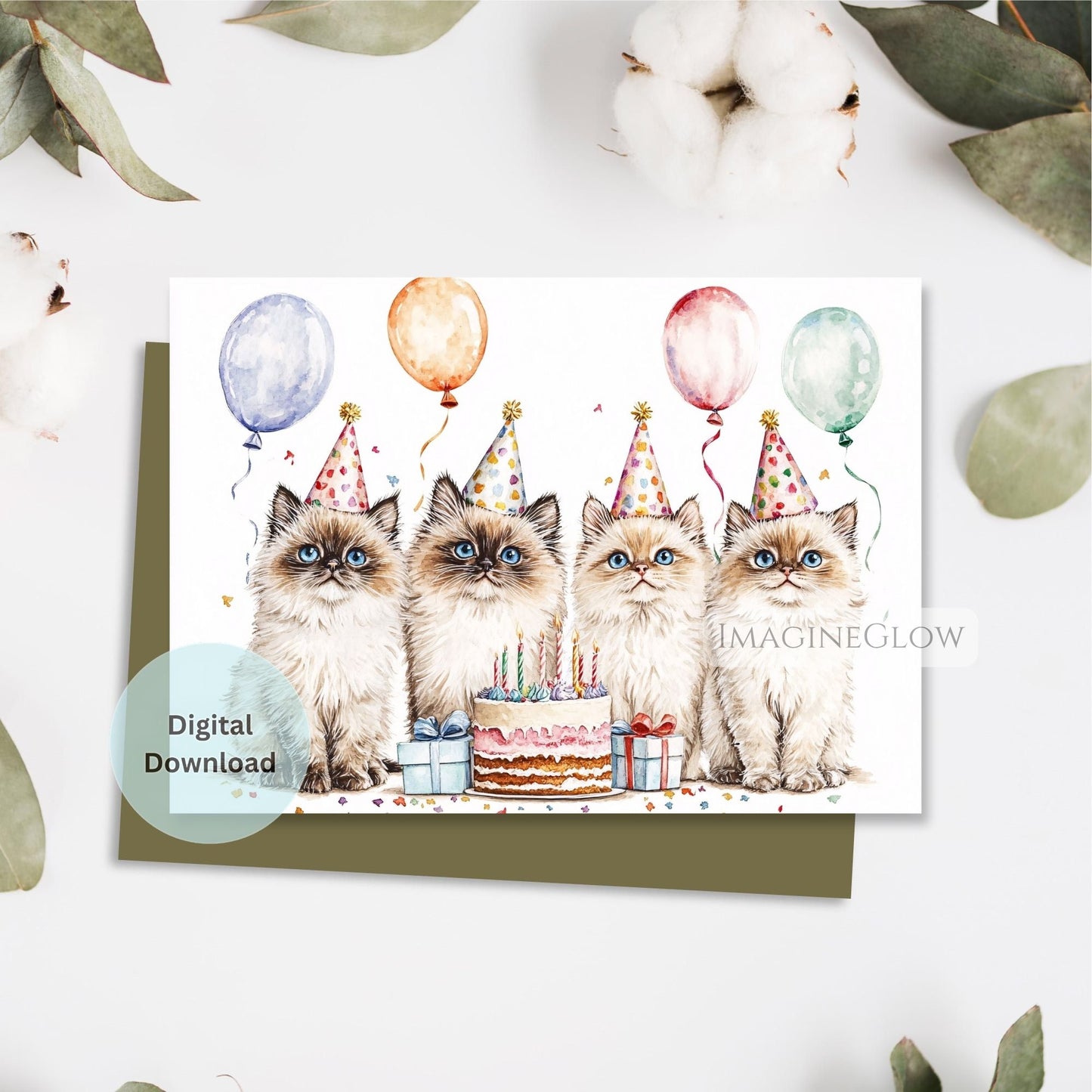 Cute Ragdoll cat card with blue eyes
Birthday card for Ragdoll cat lovers
Illustrated Ragdoll cat printable card
Soft and fluffy cat birthday greeting
Gentle Ragdoll cat art birthday card