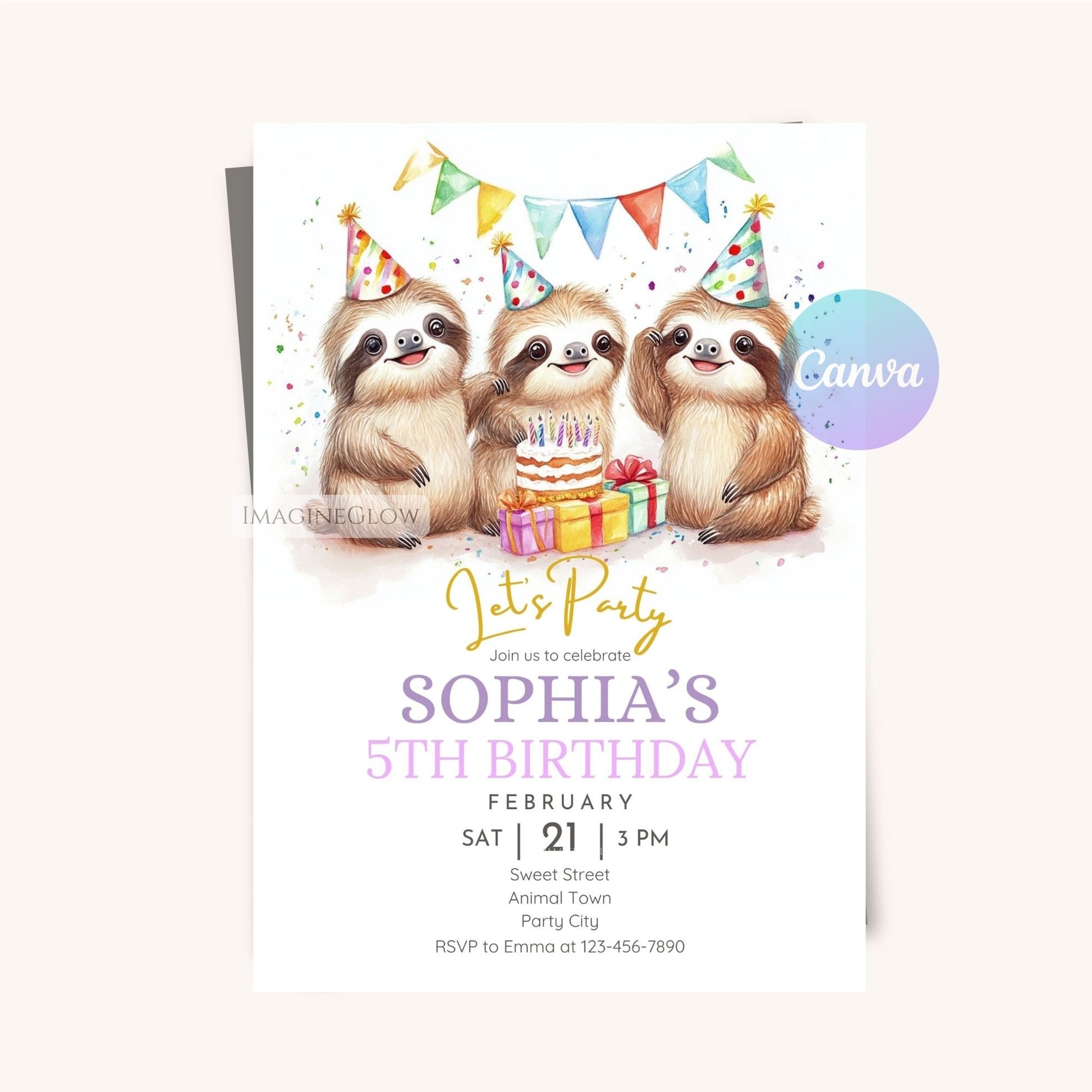 Hanging sloth birthday invitation
