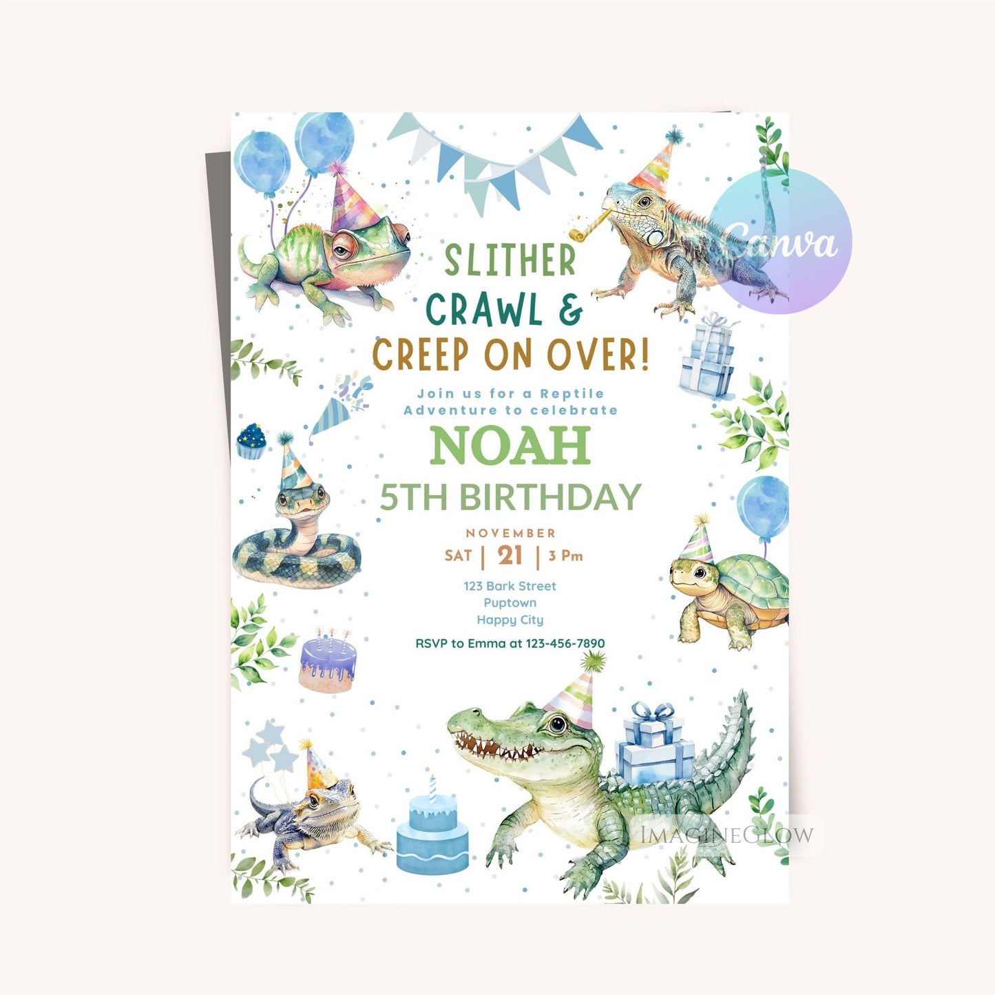 Printable reptile party invite featuring snakes and turtles.