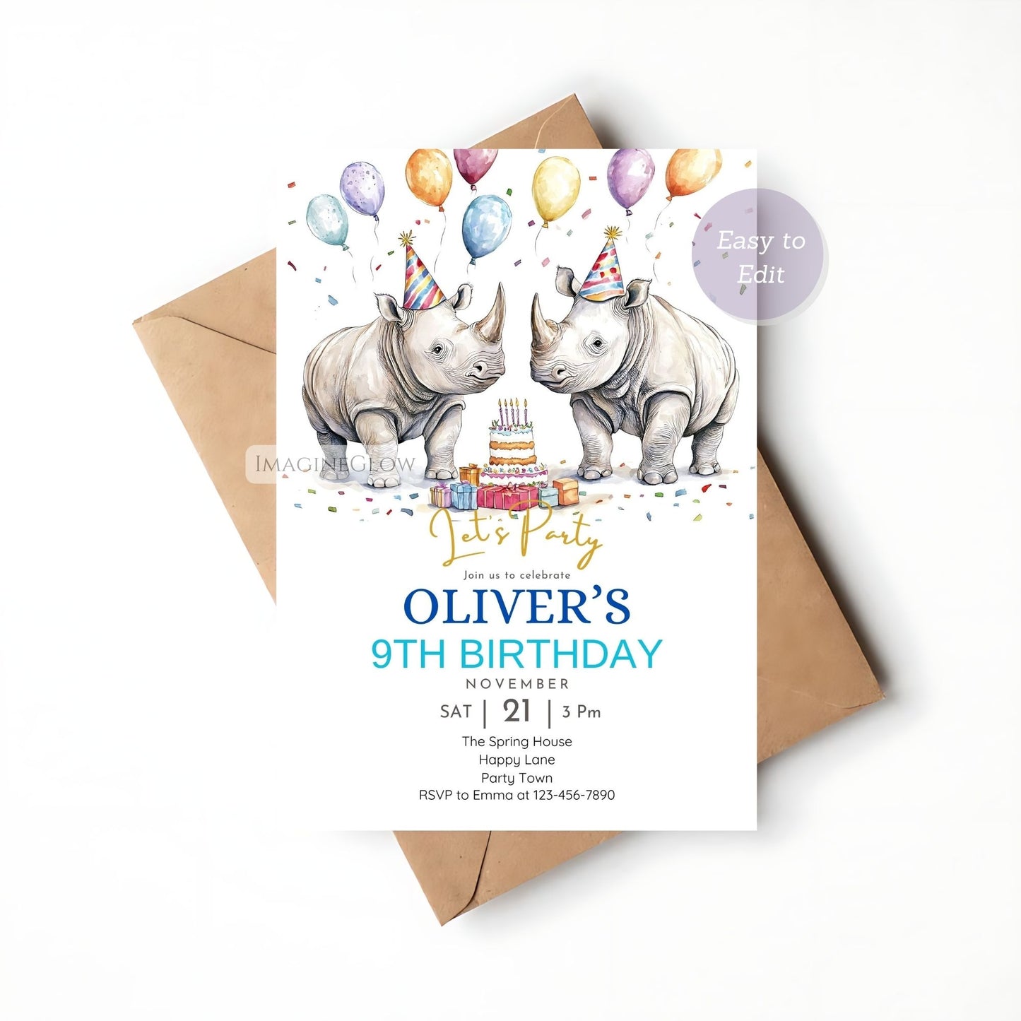 Wild Rhino Birthday Invitation - Printable