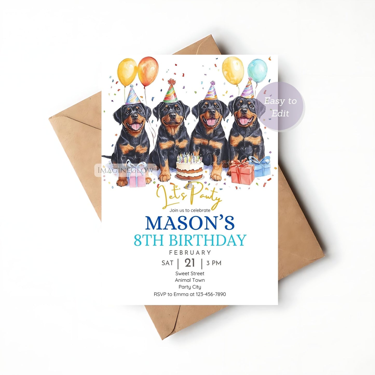 Editable Rottweiler puppy birthday invitation.