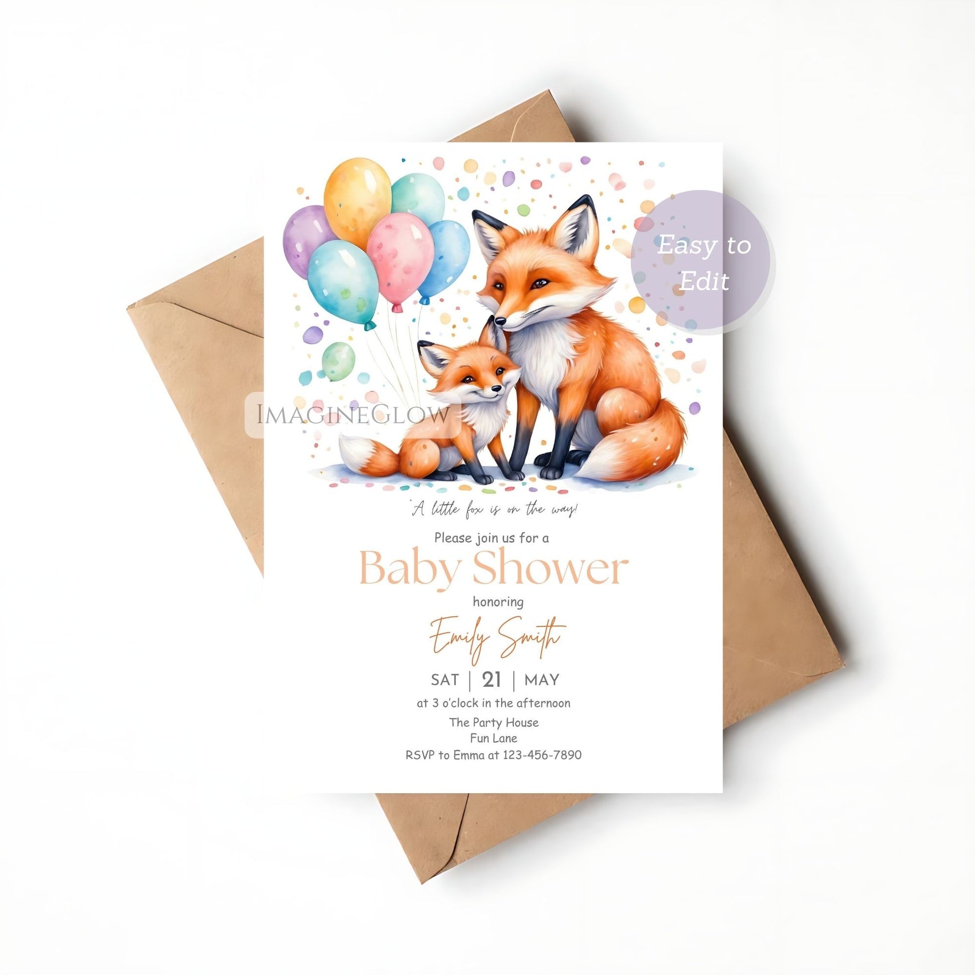cute baby fox woodland invite