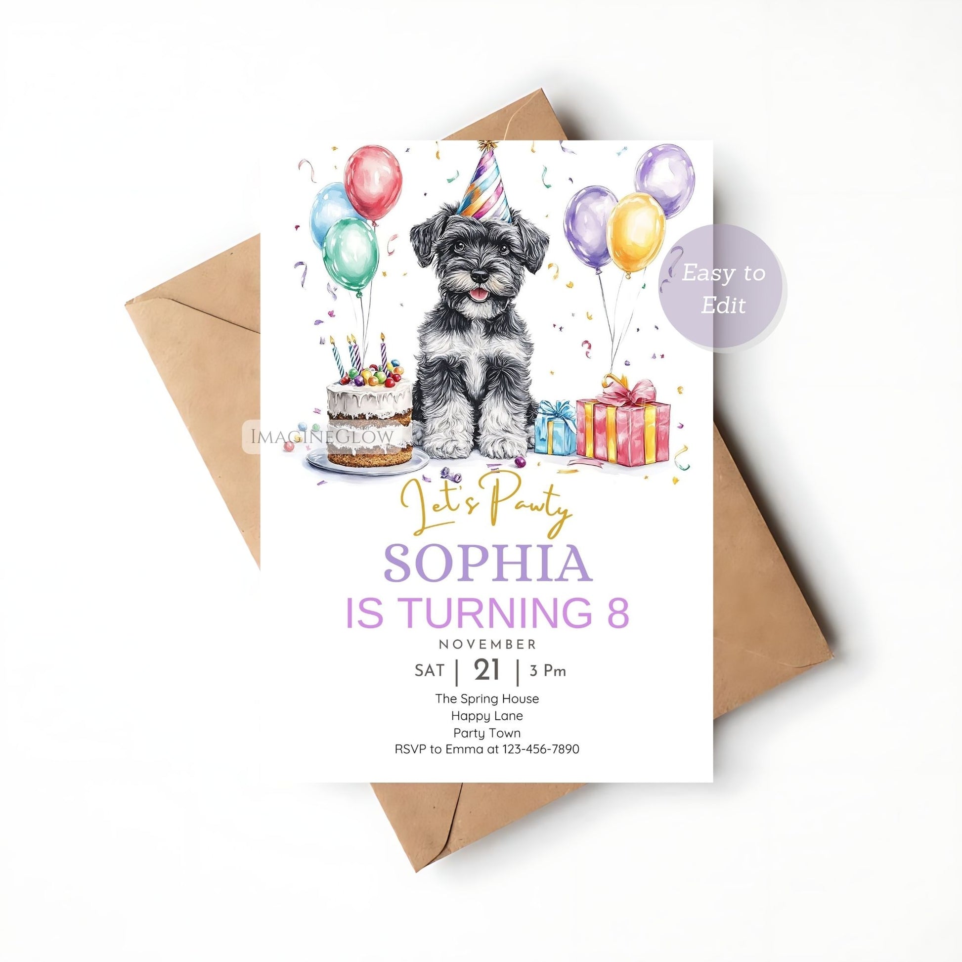 Canva-editable Schnauzer puppy party invitation.