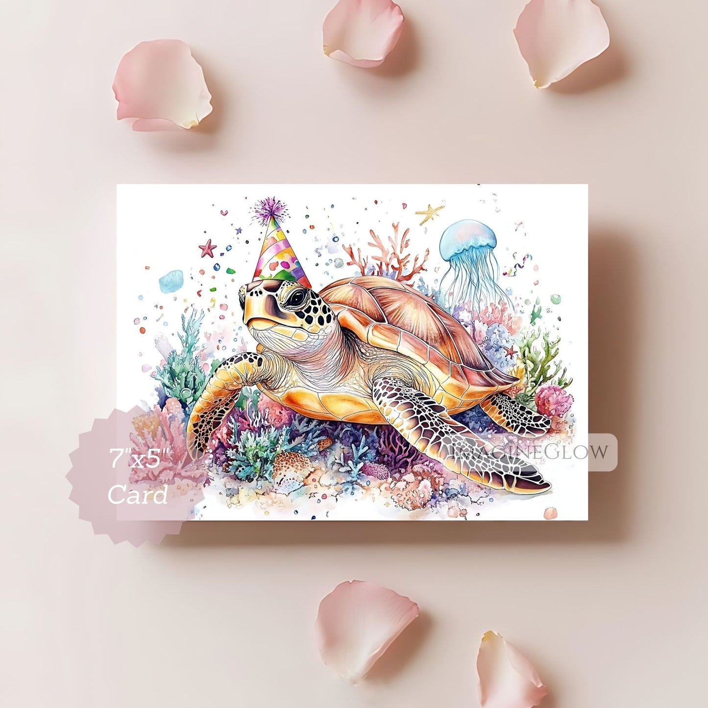 Colorful card with a turtle wearing a party hat surrounded by sea creatures on a light pink background.
